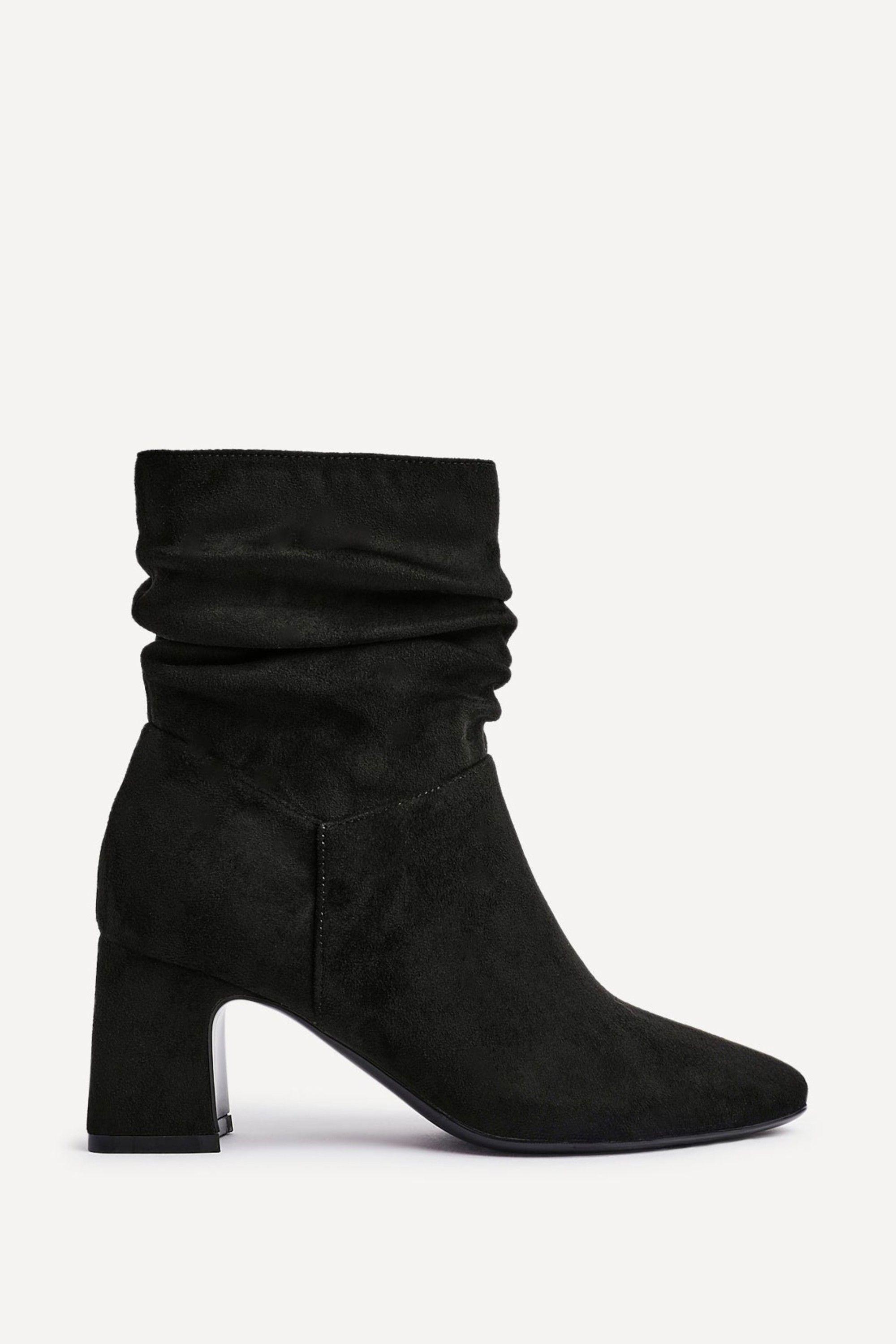 Maven Black Faux Suede Ruched Block Heel Ankle Boot by LINZI