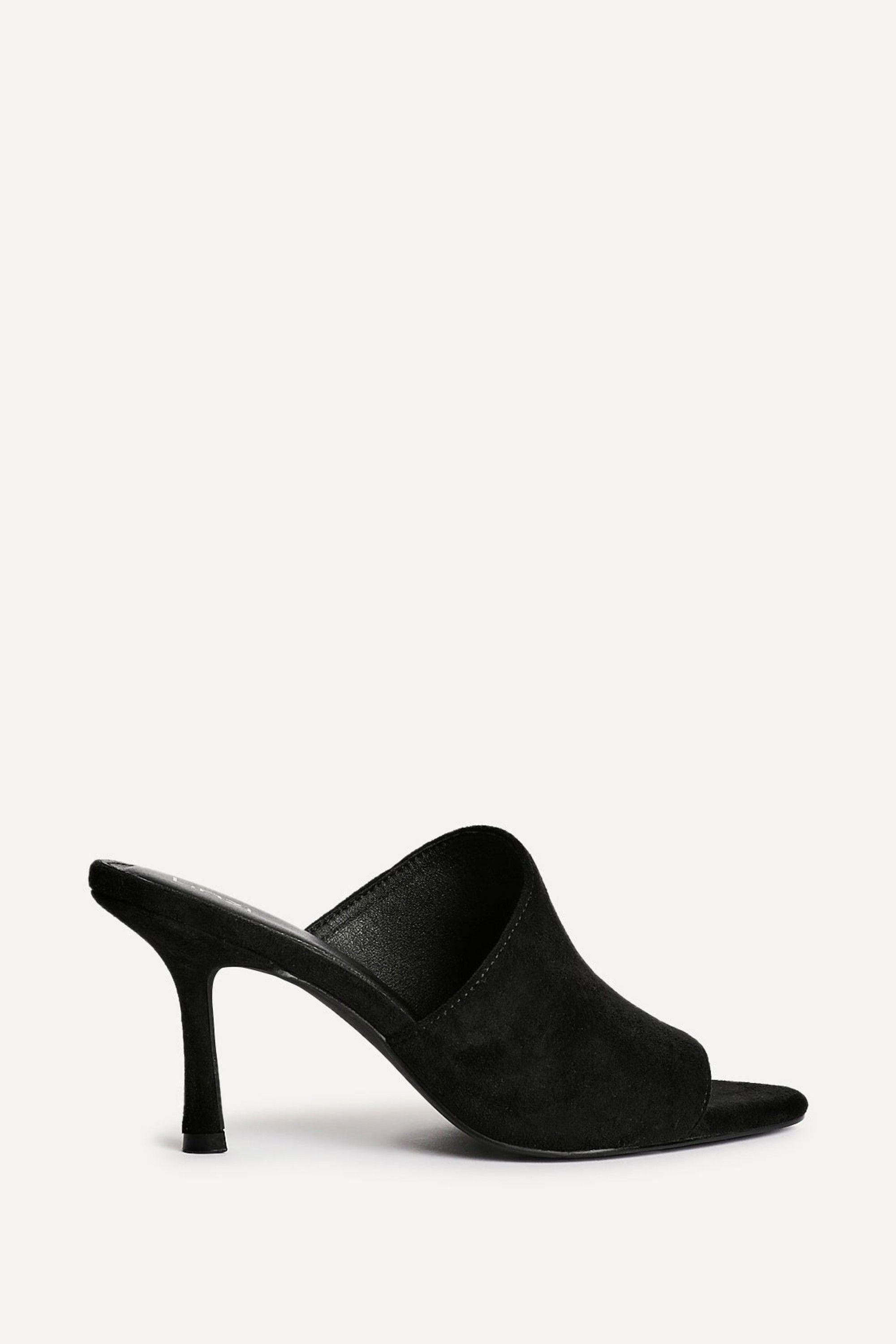 Monarch Black Peep Toe Mule Heels by LINZI