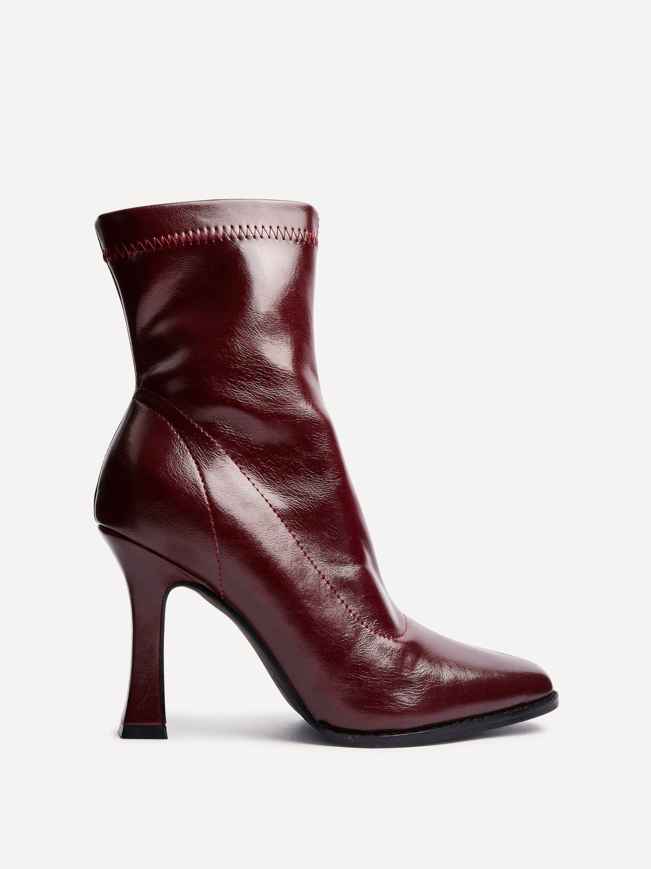 Noelle Burgundy Faux Leather Square Toe Heeled Sock Boot by LINZI