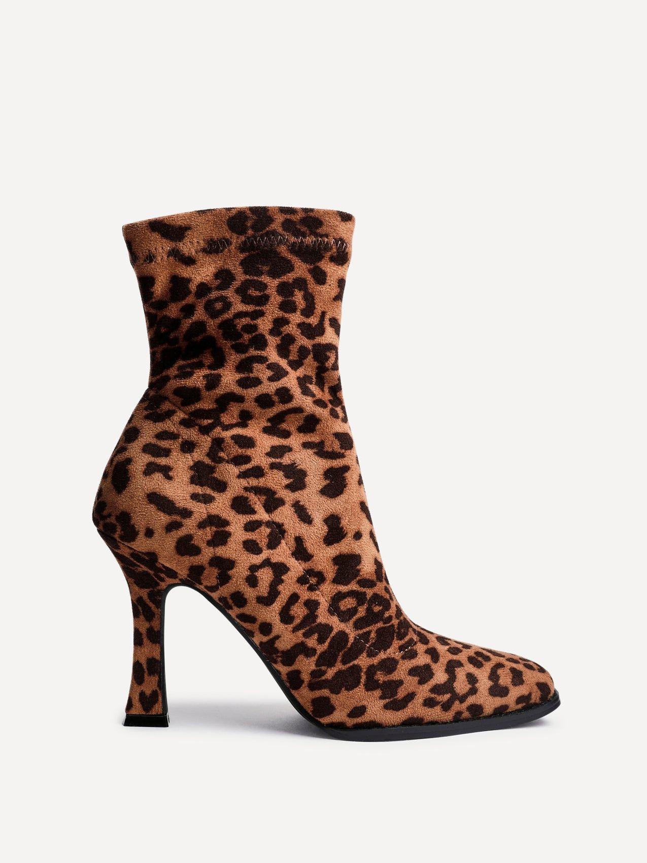 Noelle Leopard Print Square Toe Heeled Sock Boot by LINZI Noelle Leopard Print Square Toe Heeled Sock Boot by LINZI