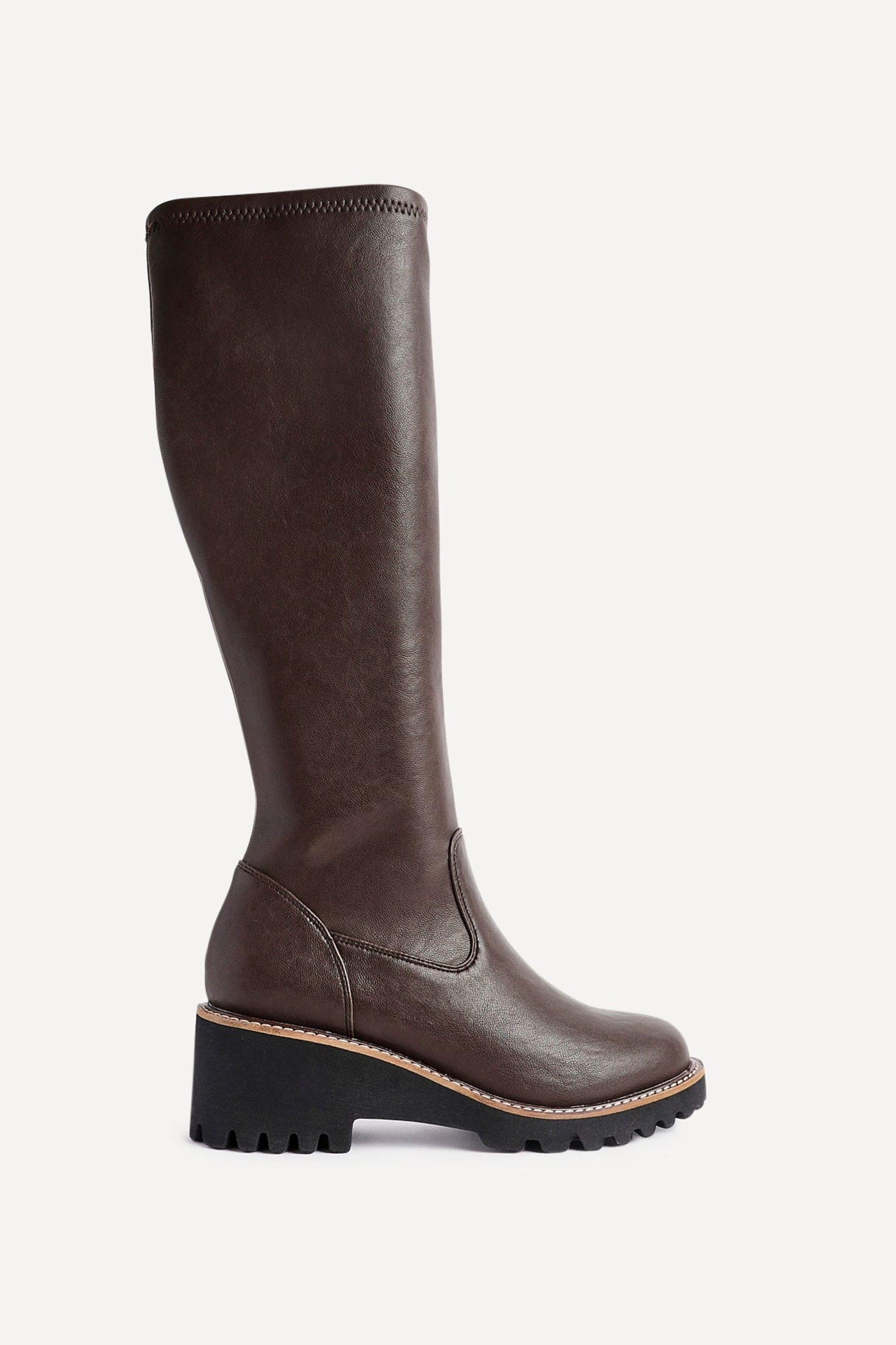 Resist Brown Faux Leather Stretch Wedge High Leg Boot by LINZI