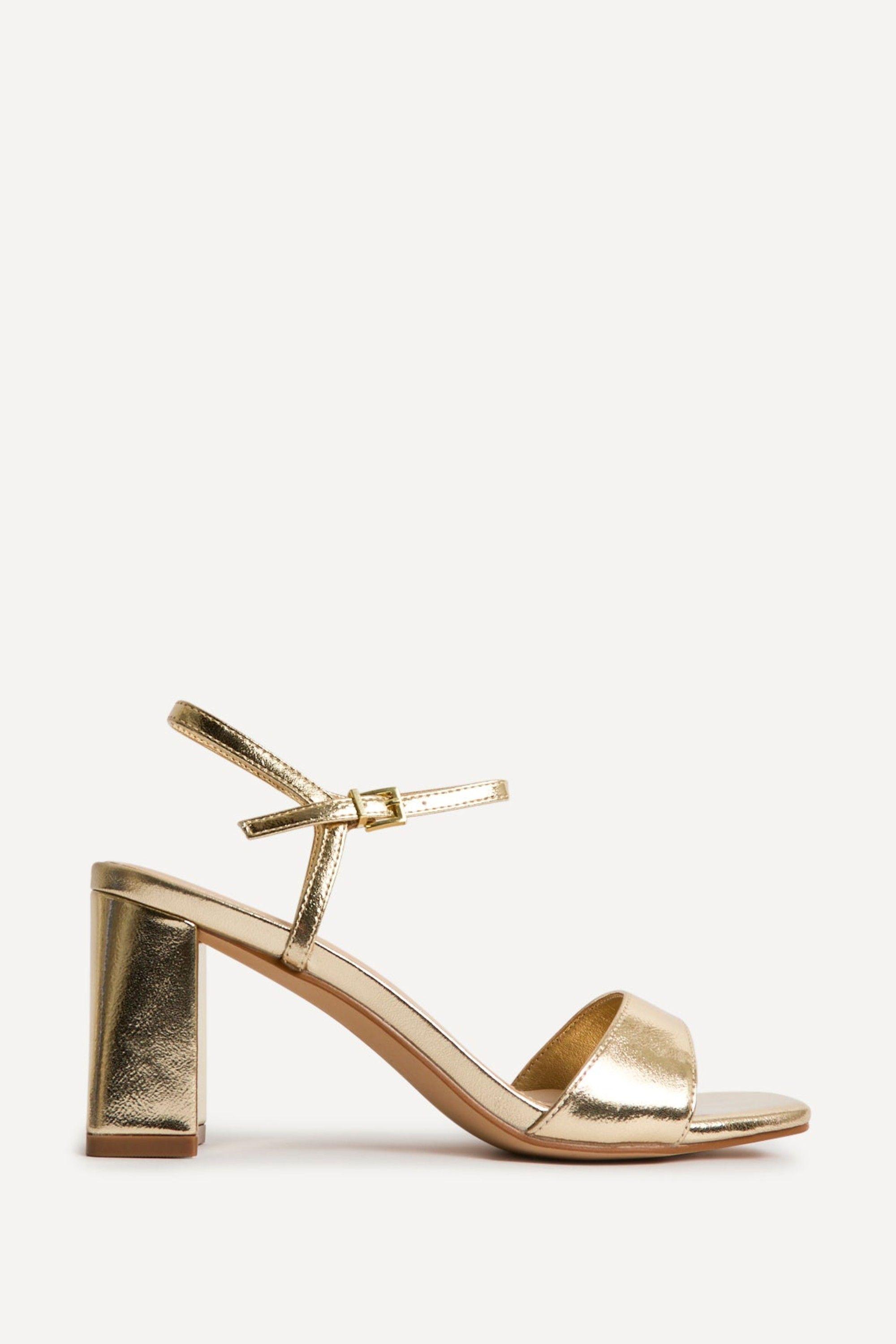Reveal Gold Faux Leather Block Heeled Sandals by LINZI