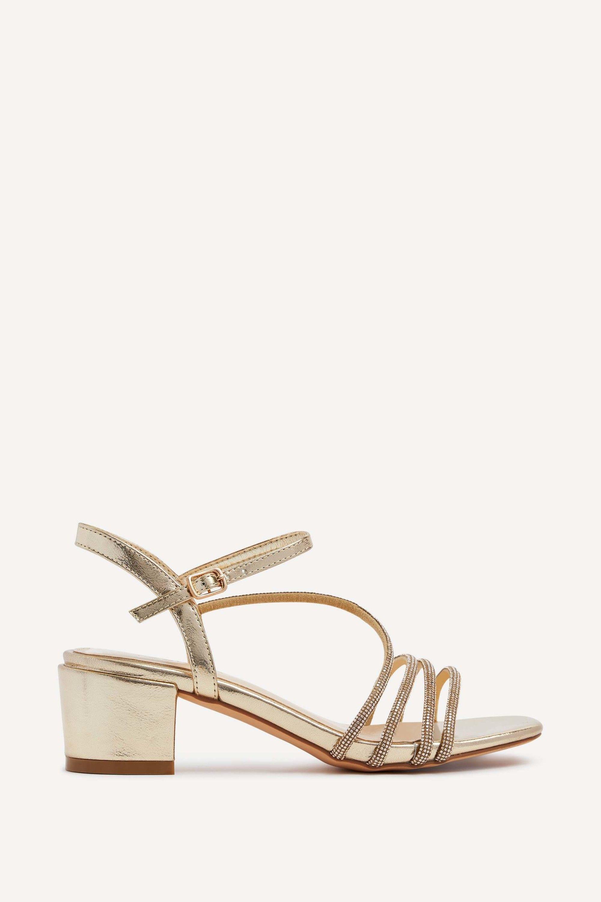 Riri Gold Faux Leather Diamante Strappy Block Heeled Sandal by LINZI