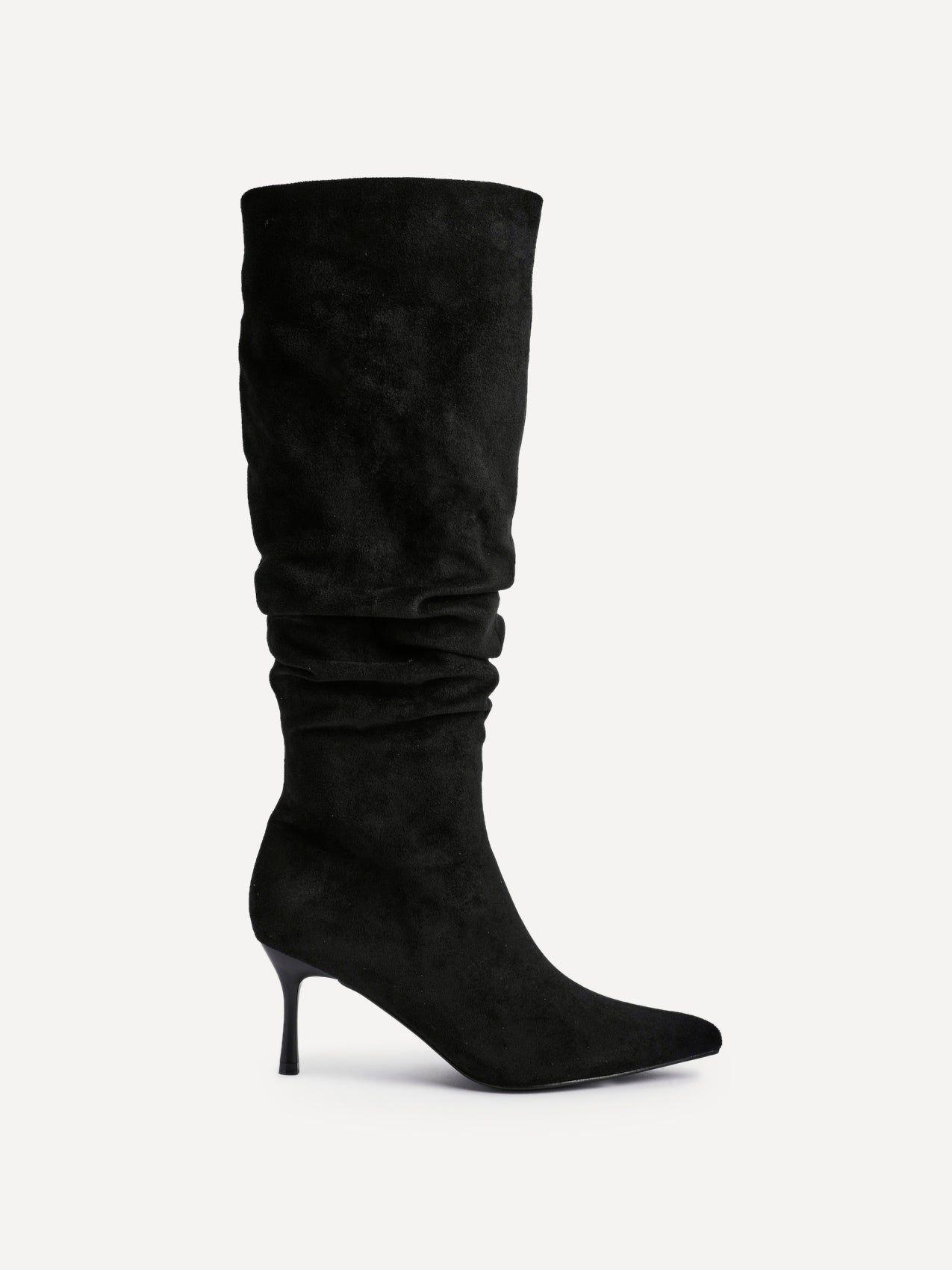 Rosenna Black Faux Suede Ruched High Leg Heeled Boot by LINZI