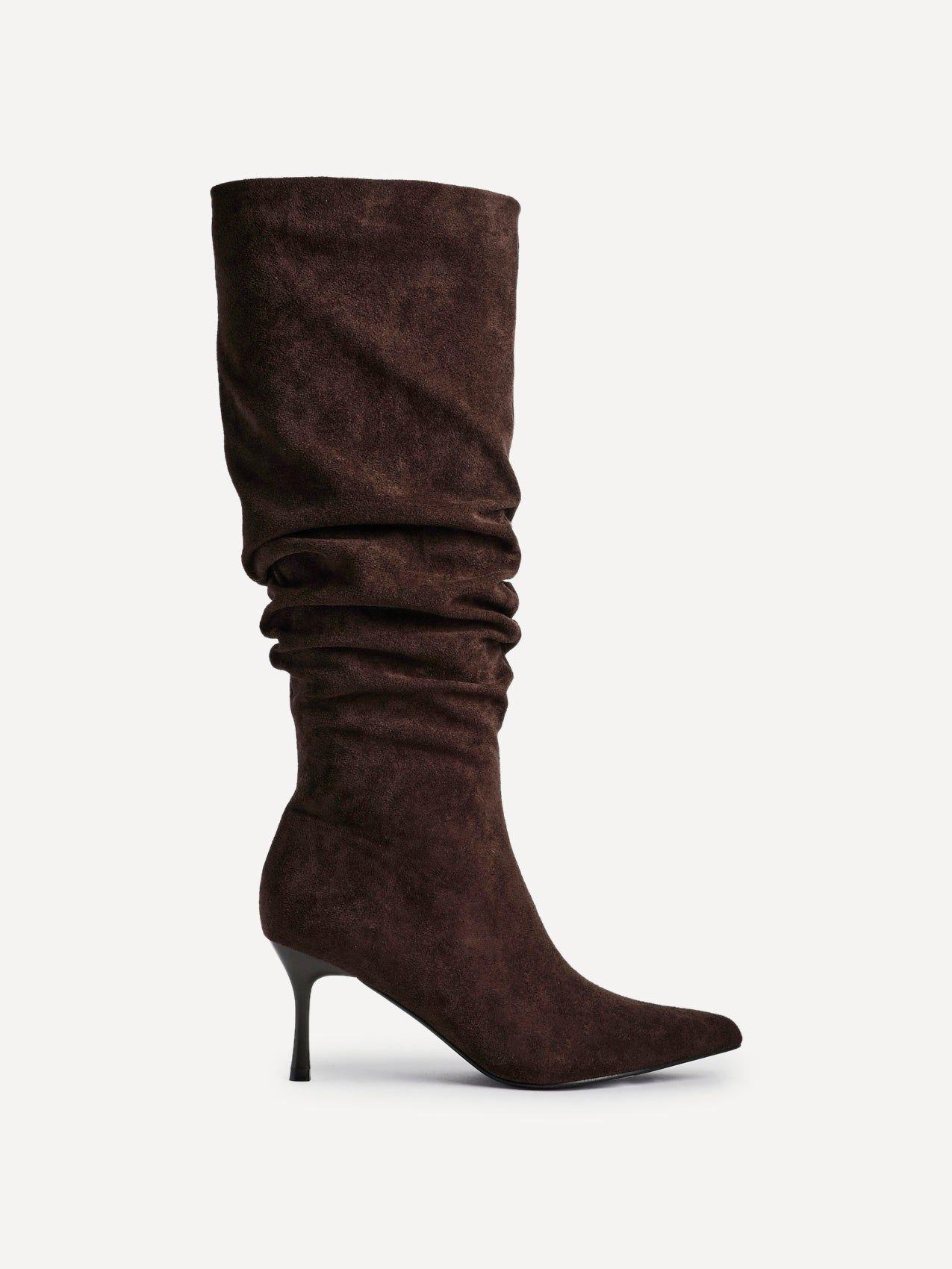 Rosenna Brown Faux Suede Ruched High Leg Heeled Boot by LINZI