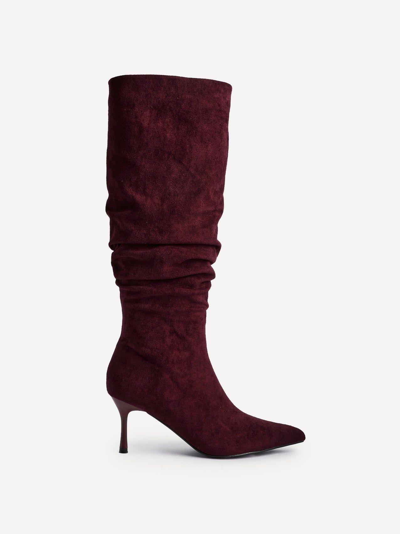 Rosenna Burgundy Faux Suede Ruched High Leg Heeled Boot by LINZI