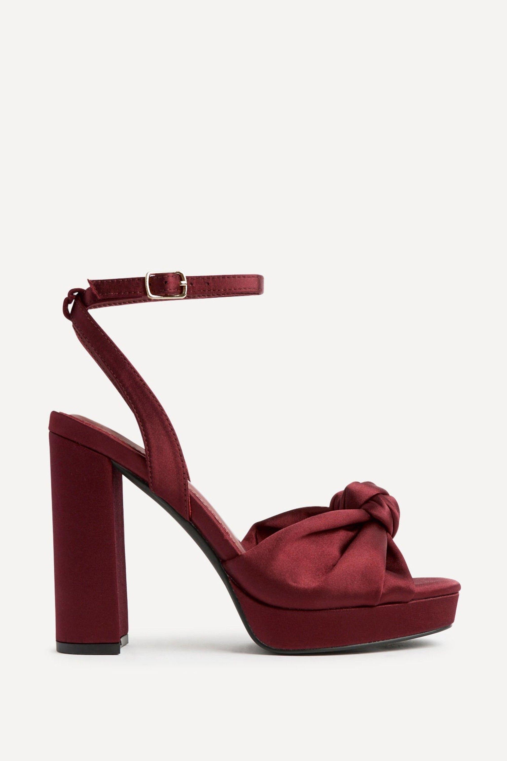 Ruba Burgundy Satin Knotted Platform Heels by LINZI