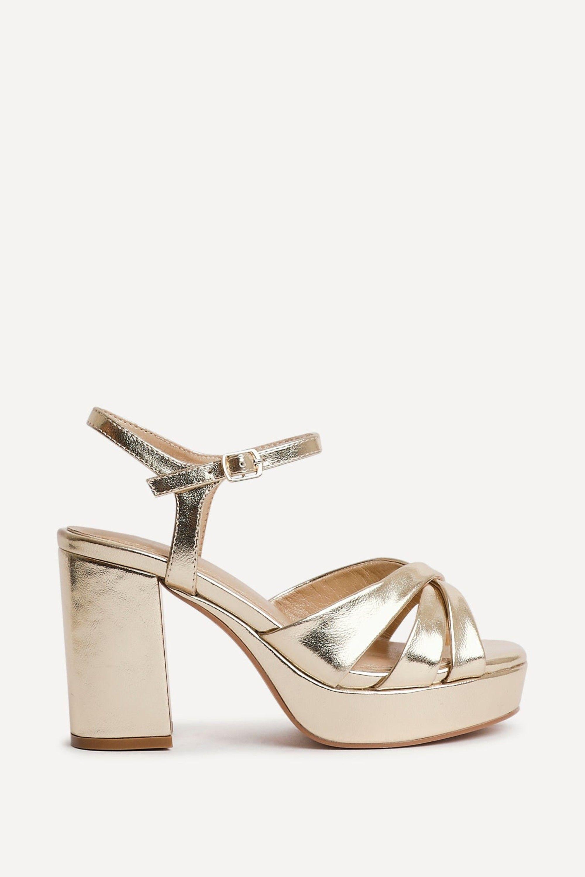 Selene Gold Faux Leather Wide Fit Crossover Platform Heels by LINZI