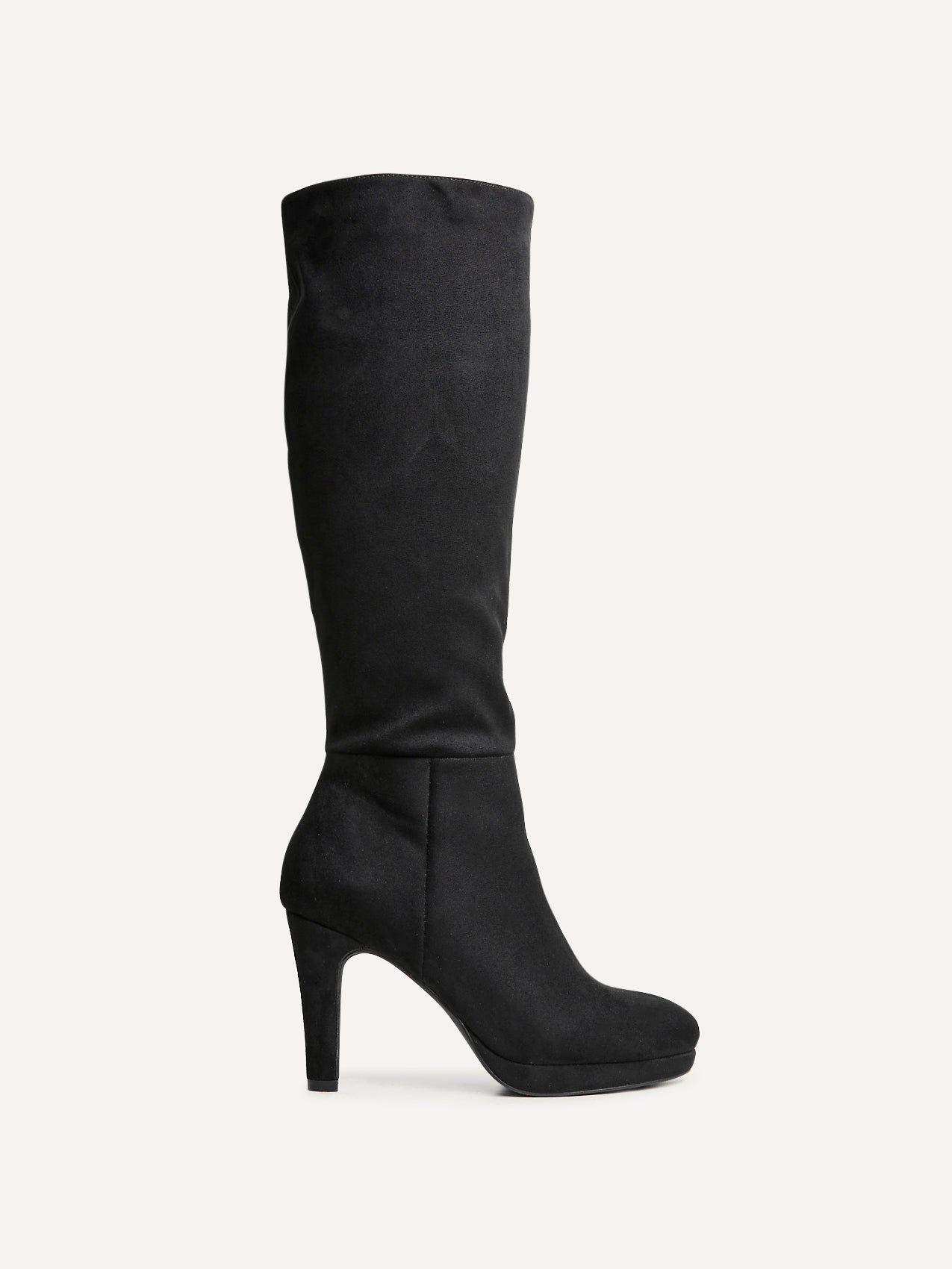 Shelby Black Faux Suede Knee High Heeled Boot by LINZI