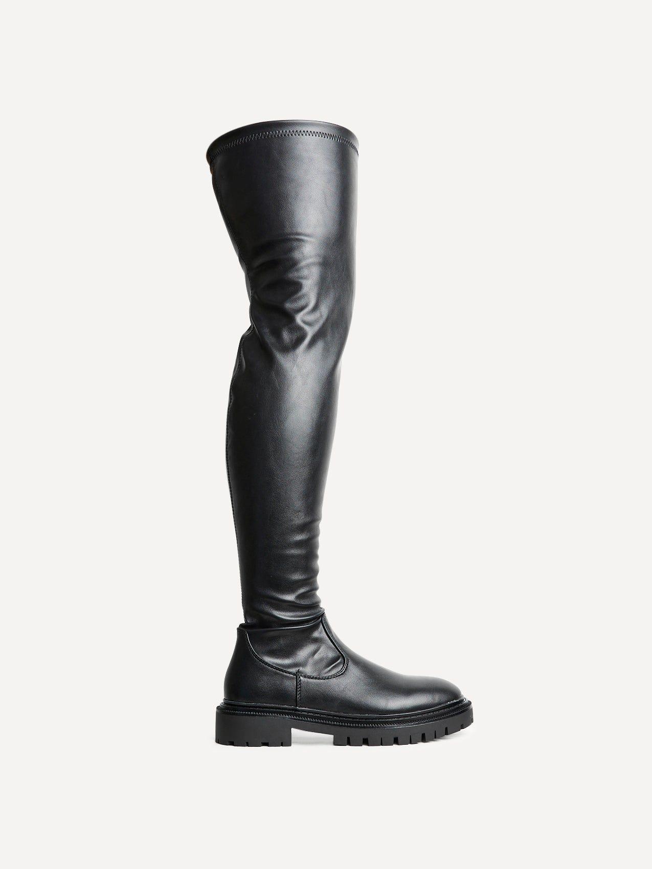 Sonny Black Stretch Faux Leather Over The Knee Long Boot by LINZI