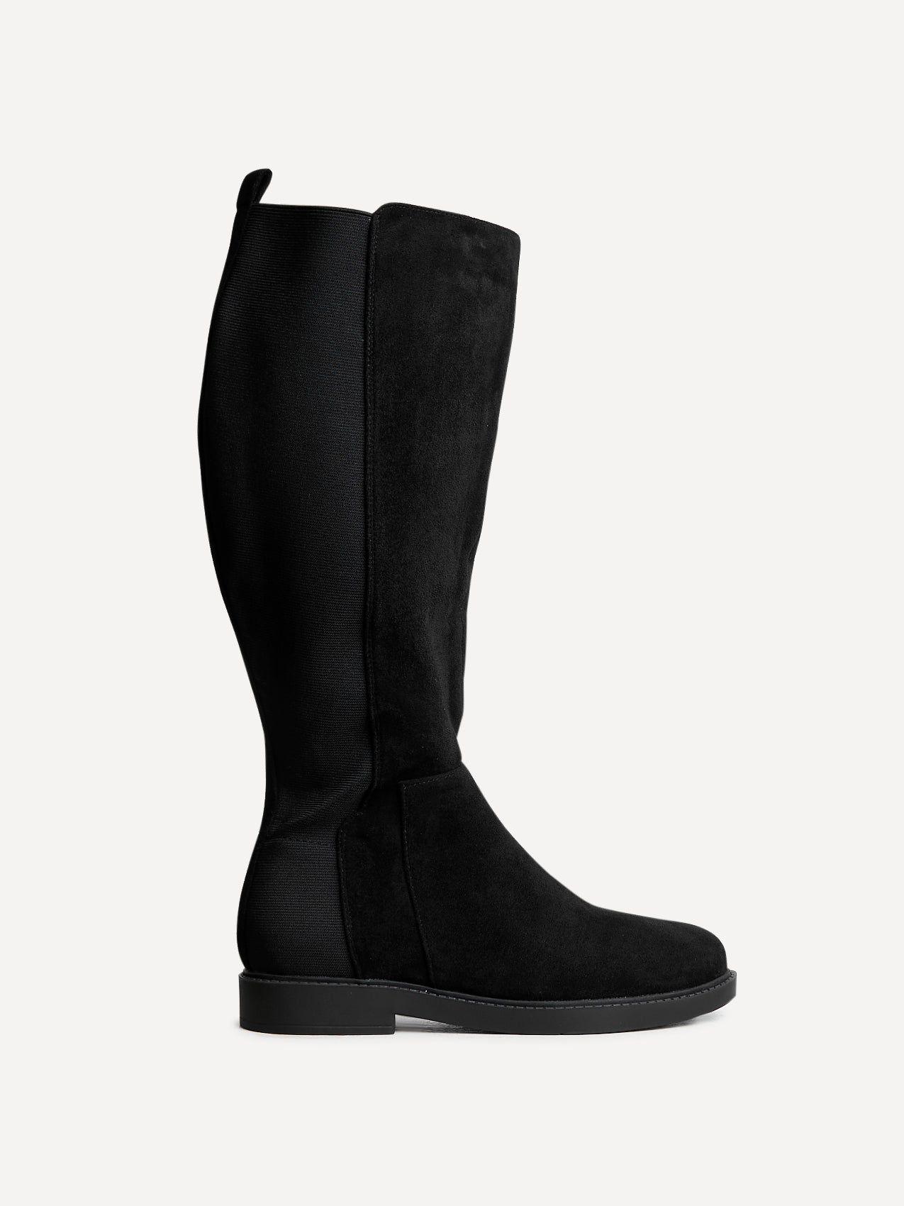 Steel Wide Fit Black Faux Leather Knee High Stretch Boot by LINZI