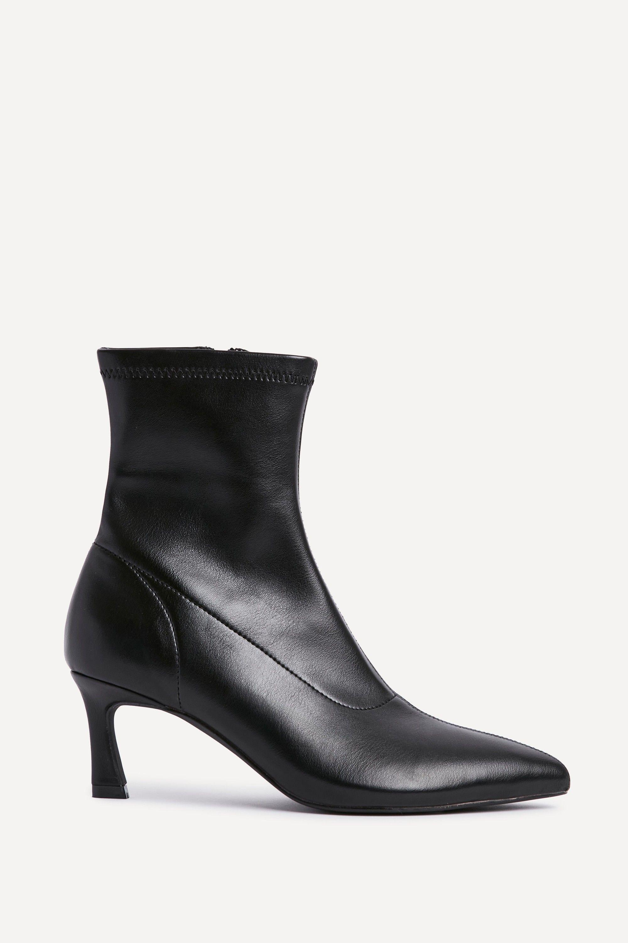 Upgrade Black Faux Leather Kitten Heel Sock Ankle Boot by LINZI