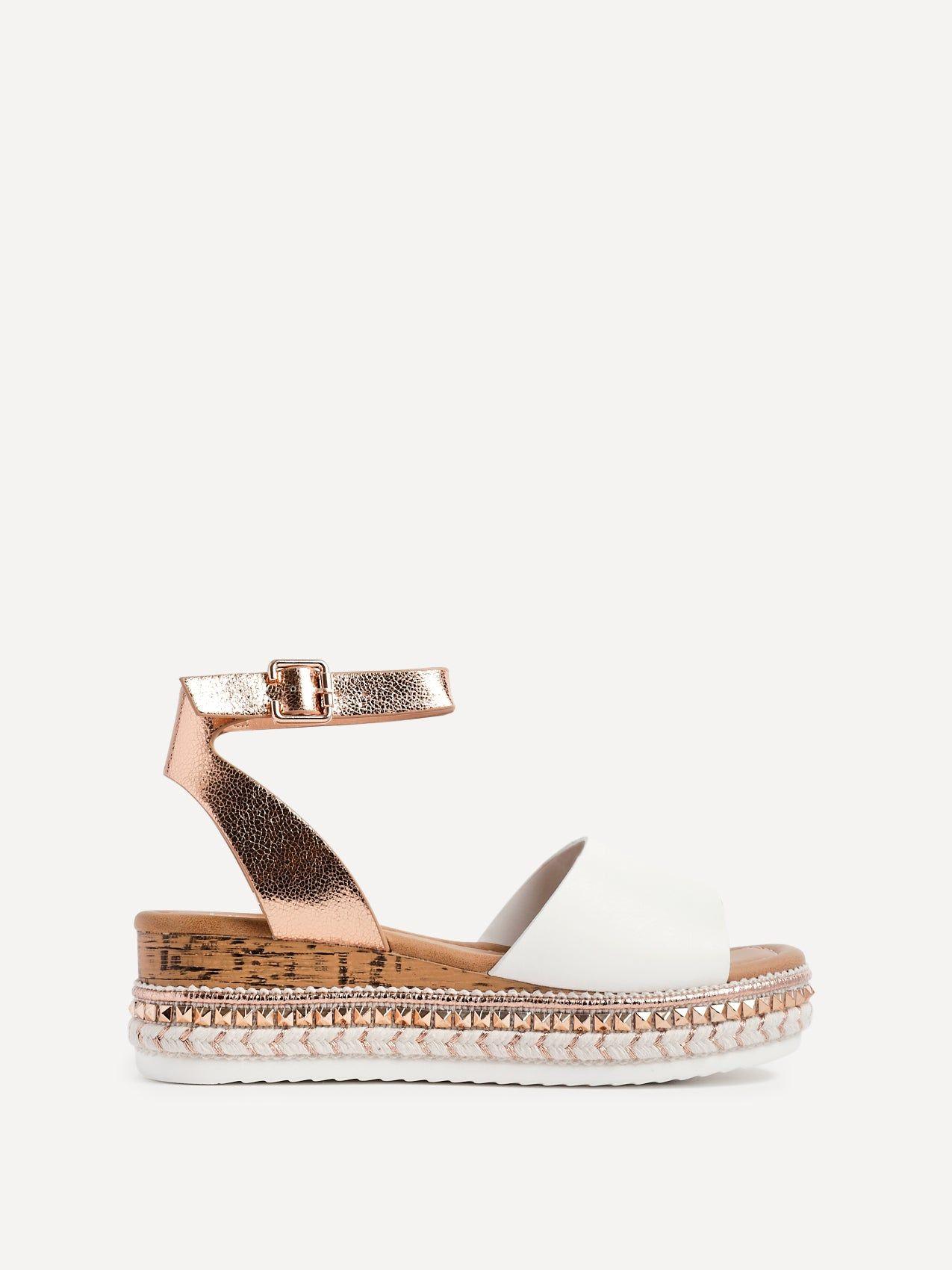 Venice Rose Gold & White Faux Leather Embellished Flatform Sandals by LINZI