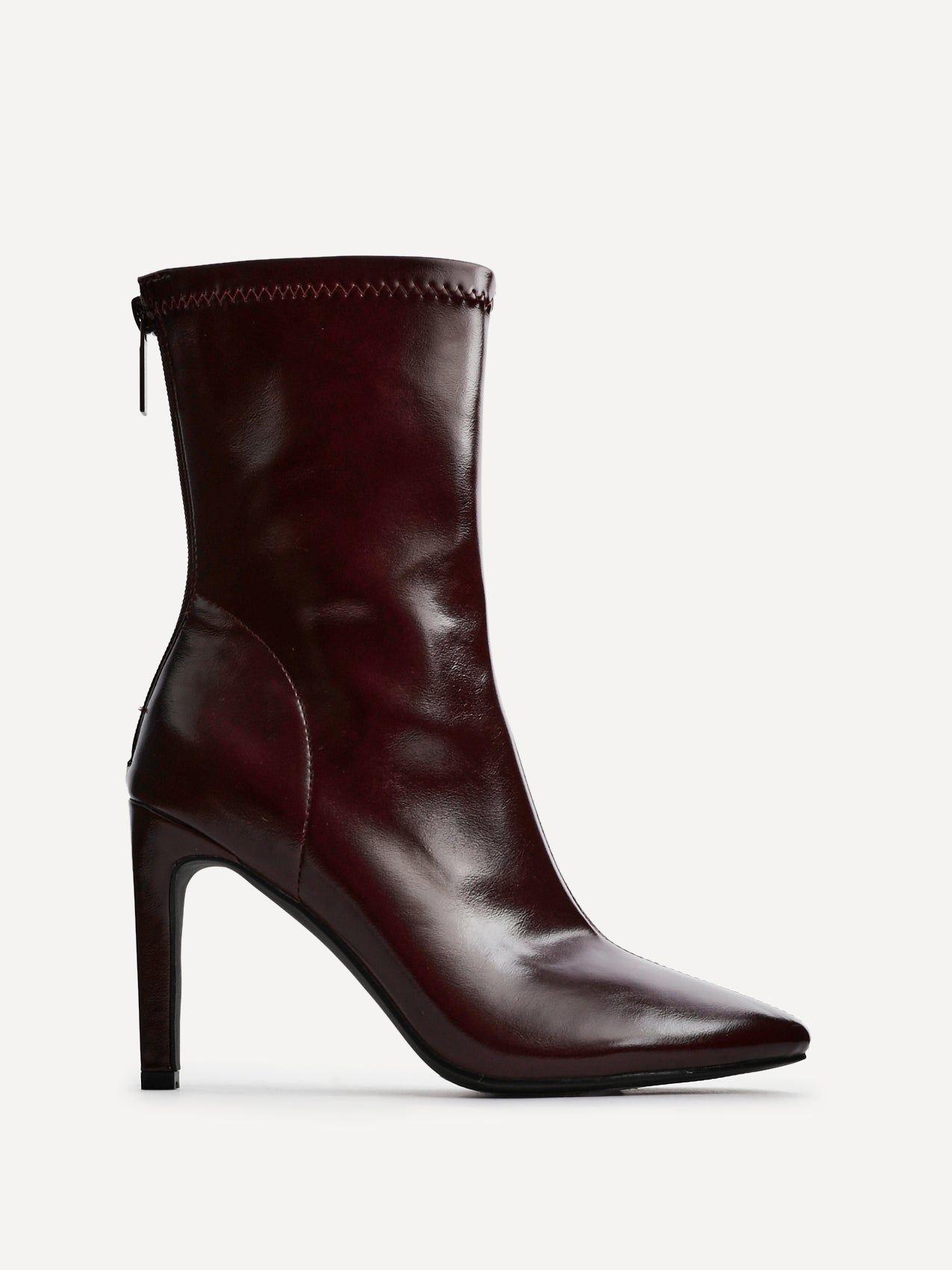 West Burgundy Faux Leather Pointed Stretch Heeled Ankle Boot by LINZI