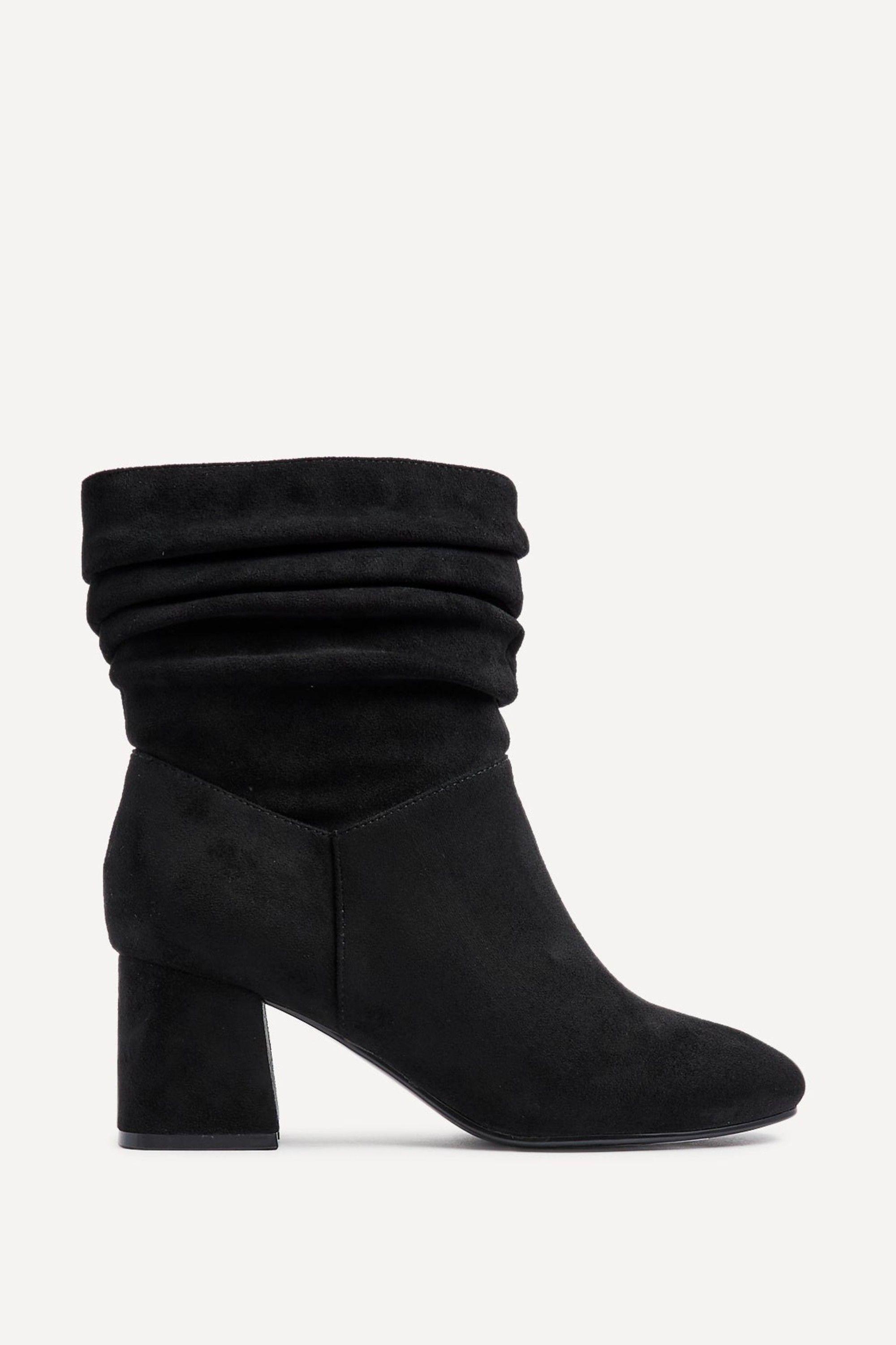 Zayda Wide Fit Black Faux Suede Ruched Heeled Ankle Boot by LINZI