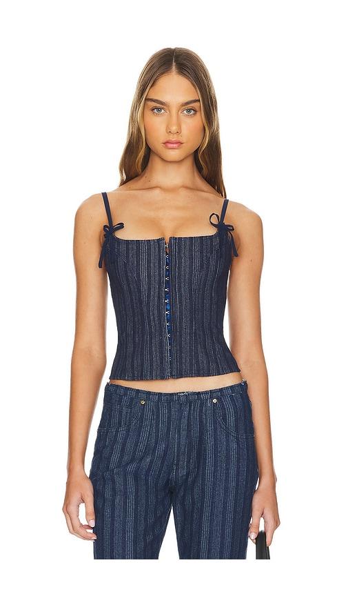 LIONESS Charismatic Denim Corset in Dark Pinstripe in Denim-Dark by LIONESS