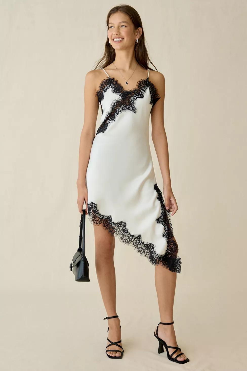 Lioness Emerging Lace Trim Asymmetric Slip Midi Dress by LIONESS