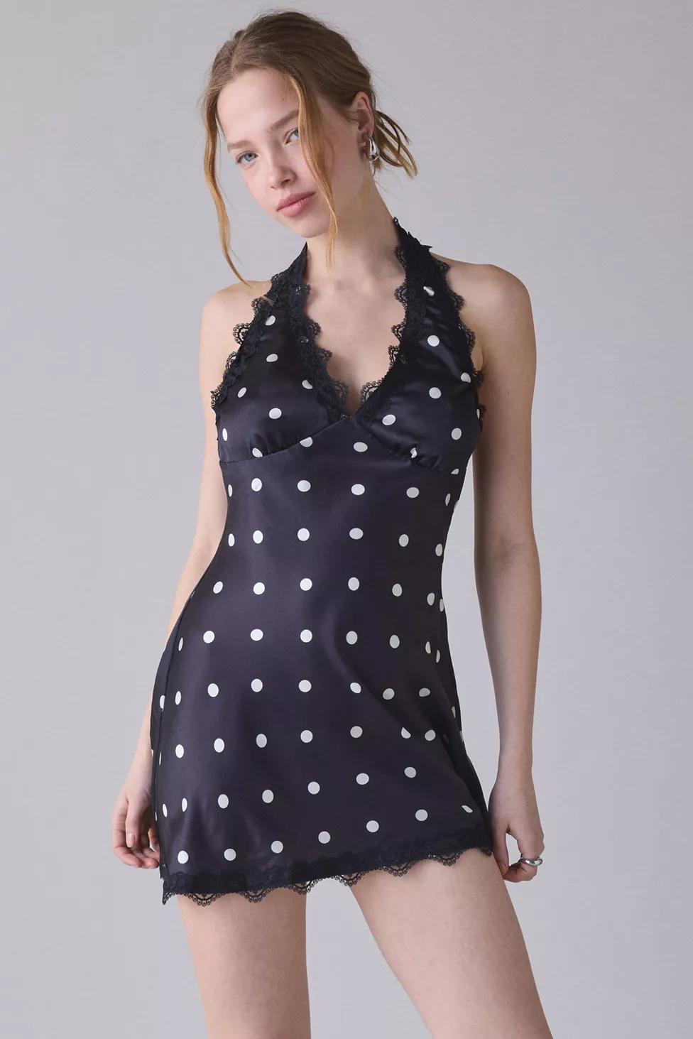 Lioness Stars Align Polka Dot Lace Trim Satin Mini Dress by LIONESS