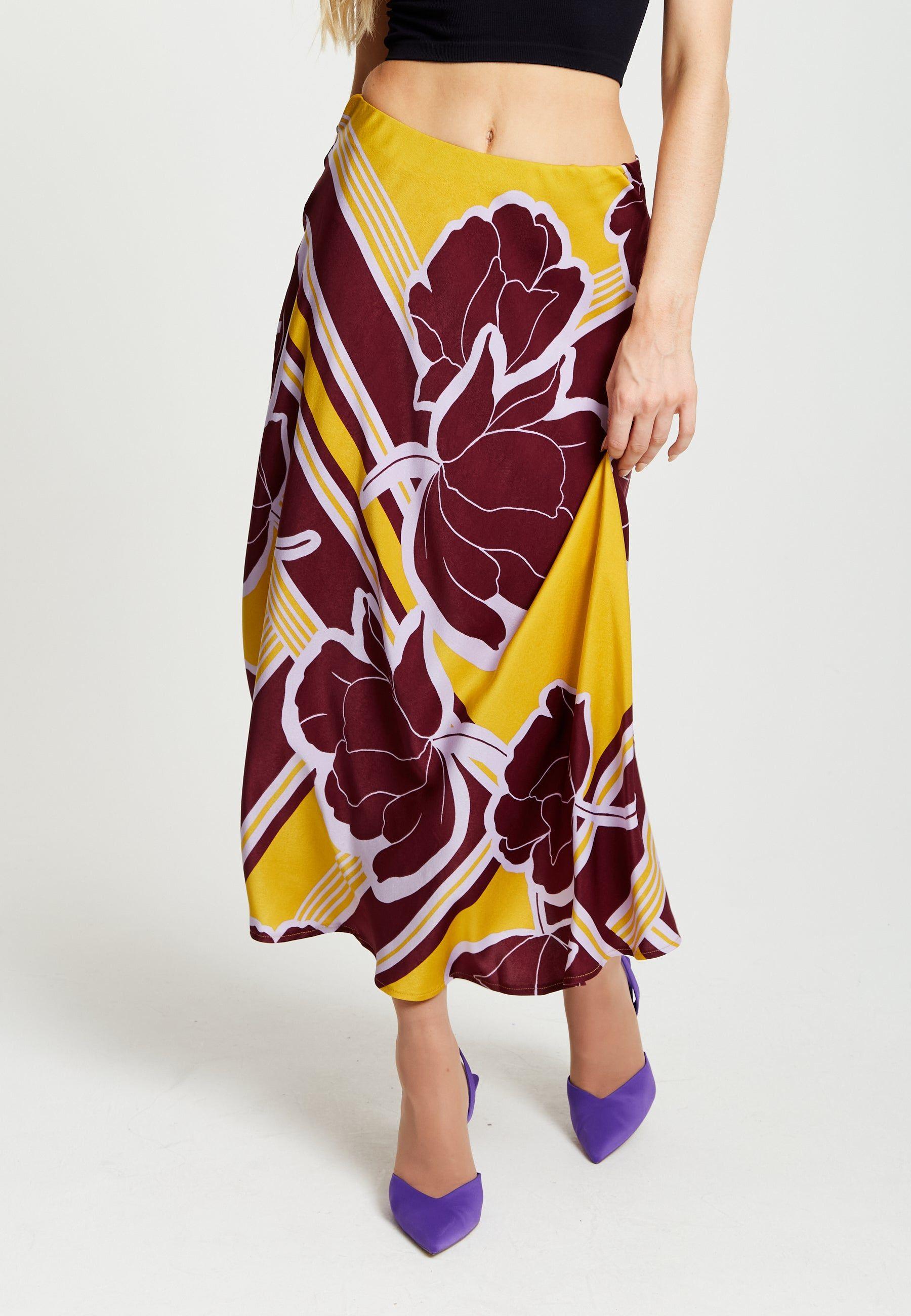 Abstract Ikat Print Midi Skirt In Black And Pink by LIQUORISH