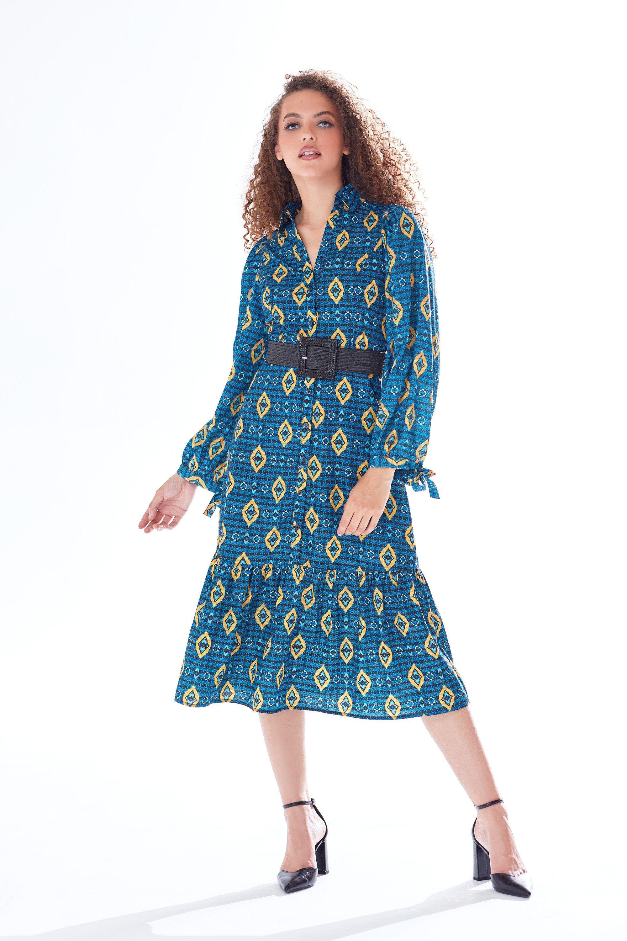 African Print Midi Dress Blue & Yellow by LIQUORISH