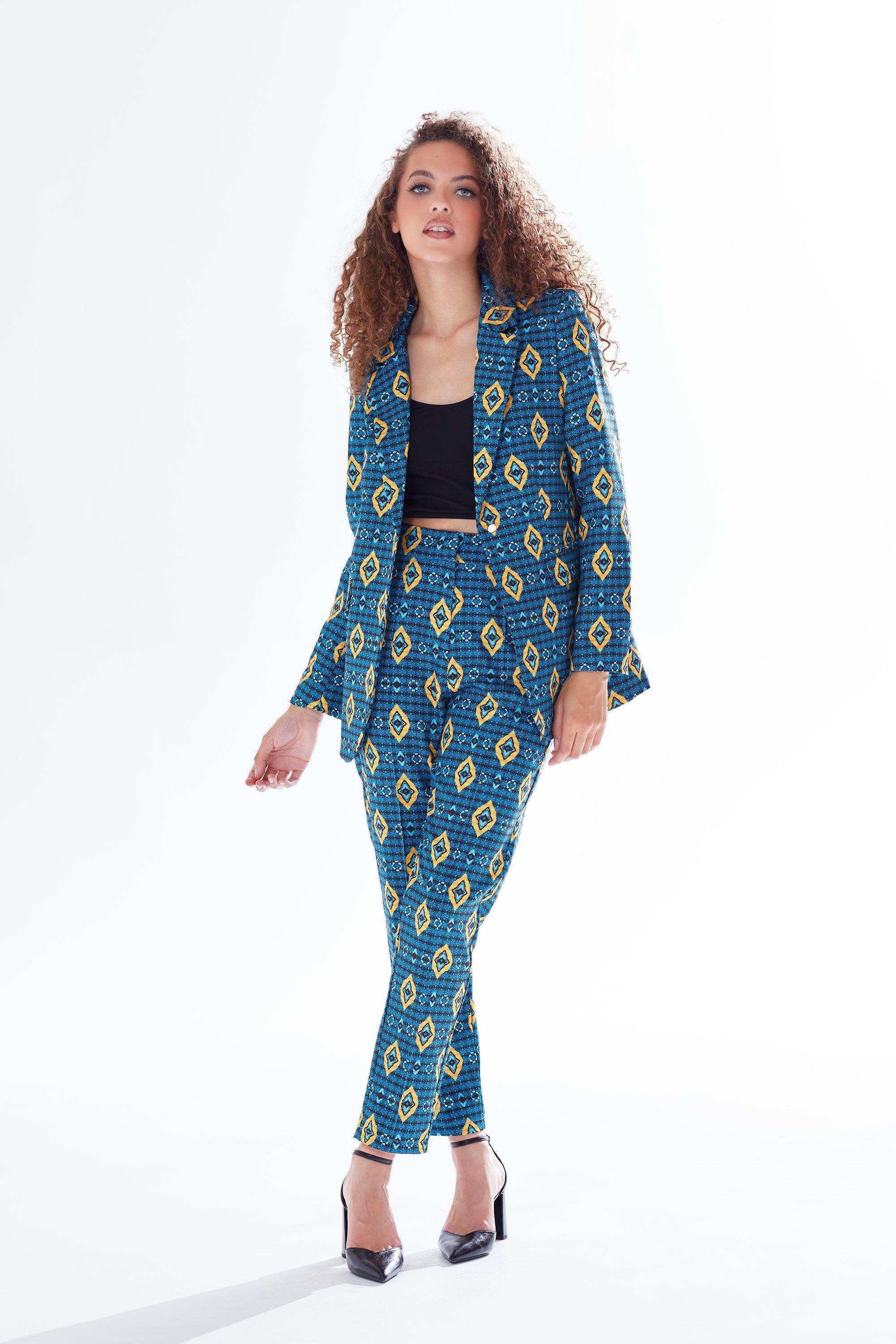 African Print Suit Blazer in Blue, Yellow & Navy by LIQUORISH