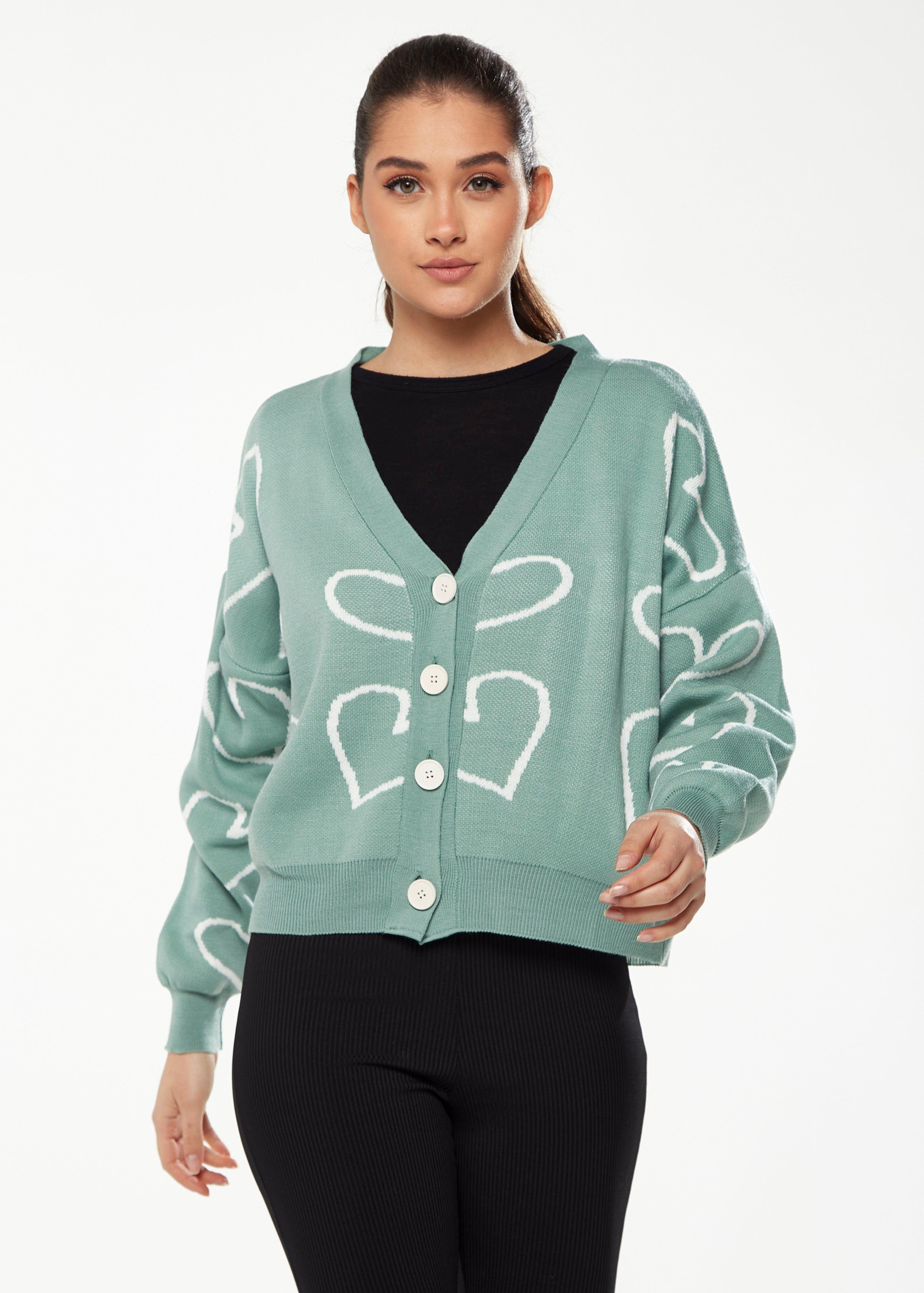 All Heart Cardigan In Green & White by LIQUORISH