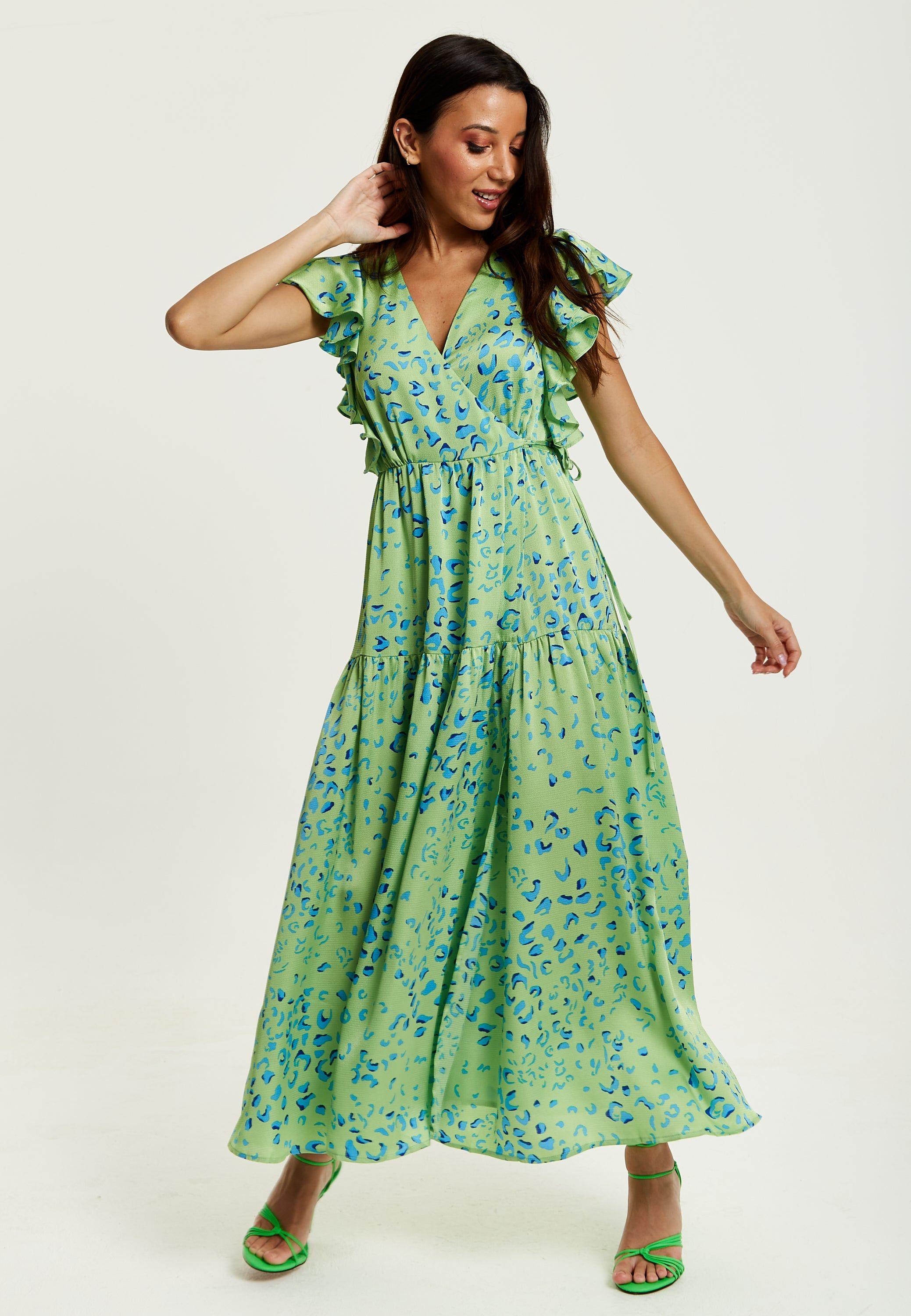 Animal Print Maxi Wrap Dress In Sage by LIQUORISH