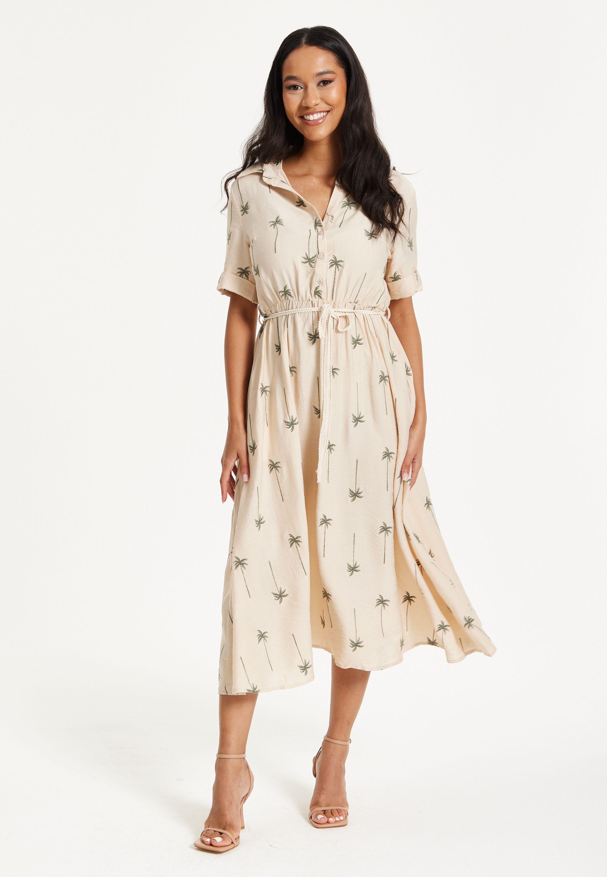 Beige Palm Print Shirt Midi Dress by LIQUORISH