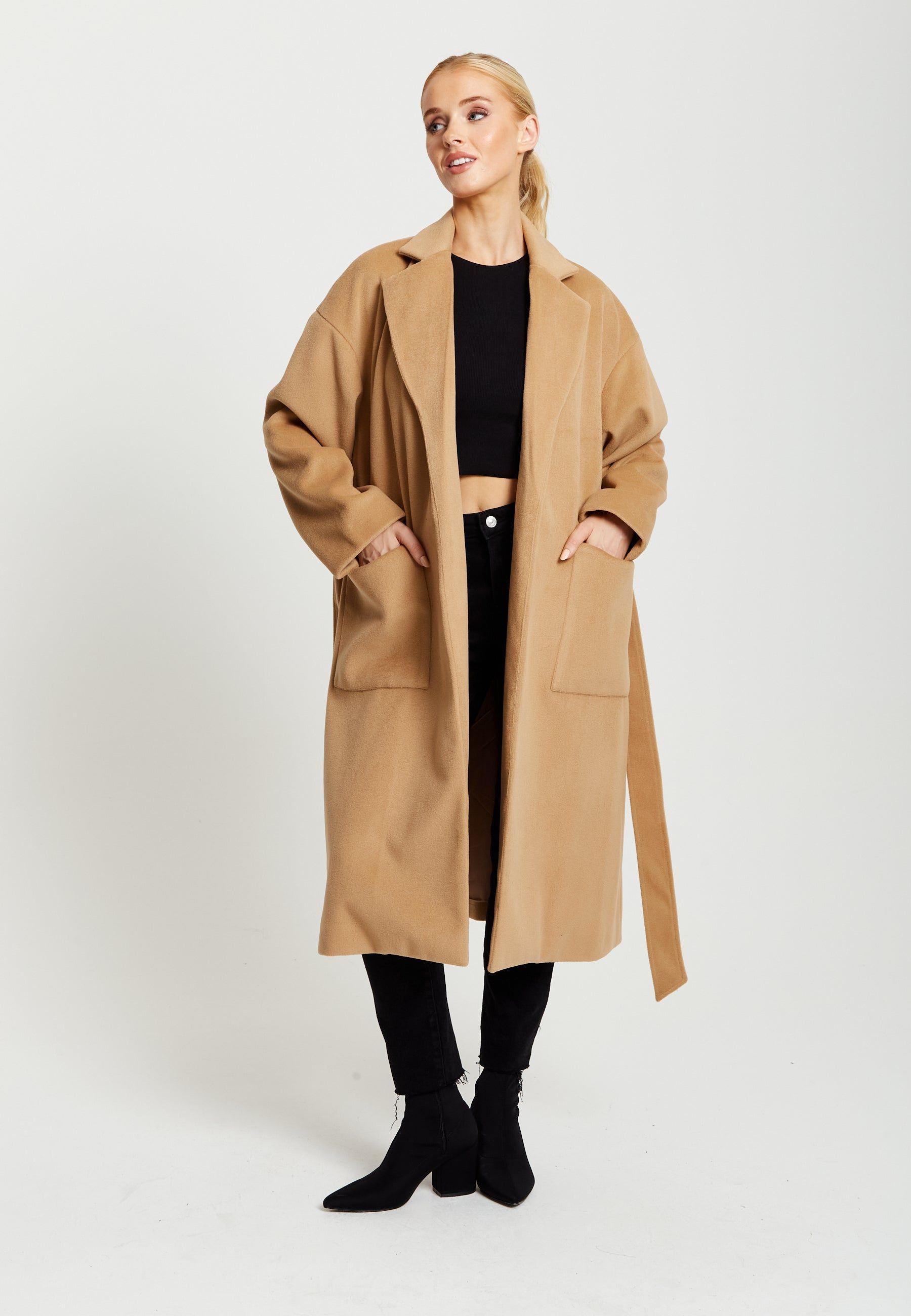 Belted Longline Coat in Camel by LIQUORISH