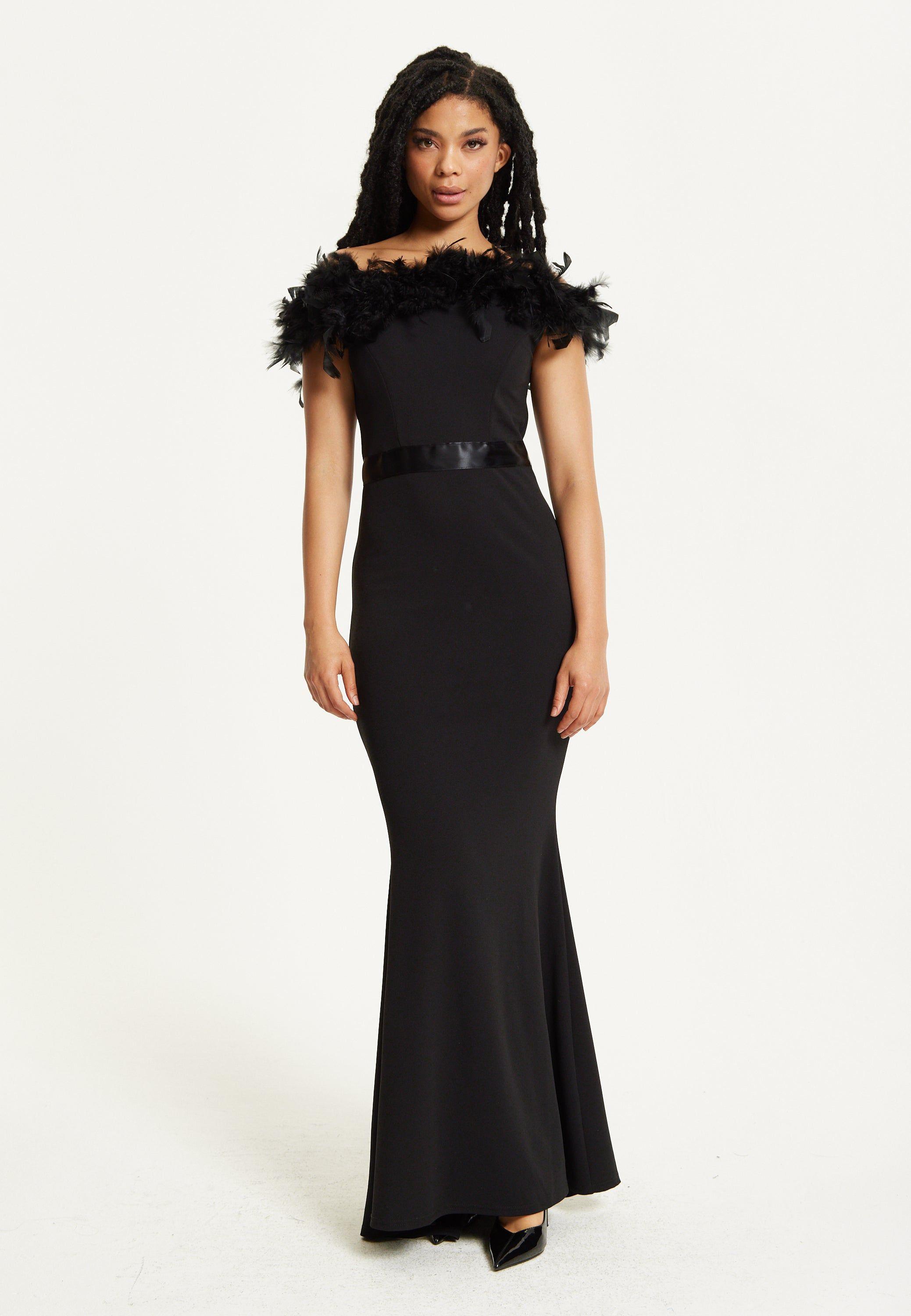Black Feather Bardot Maxi Dress by LIQUORISH
