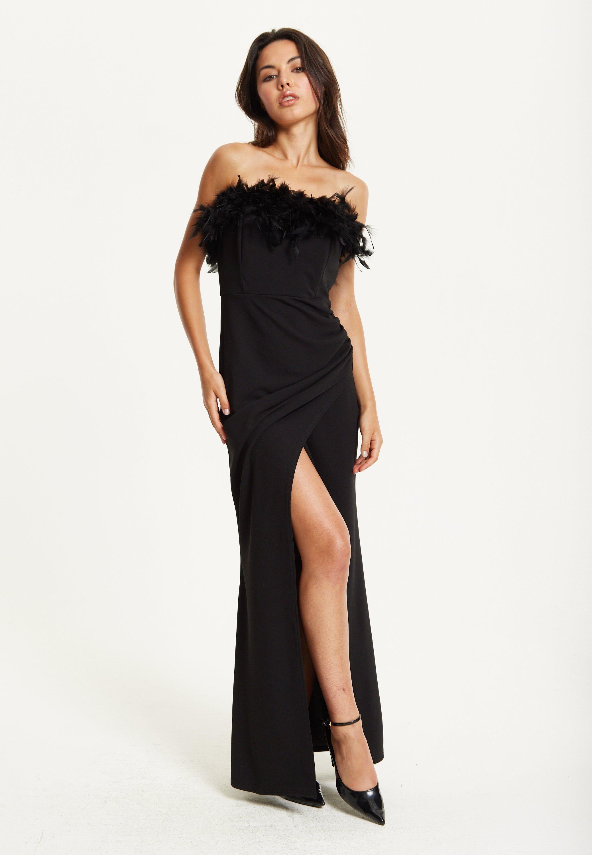 Black Feather Trim Strapless Dress by LIQUORISH