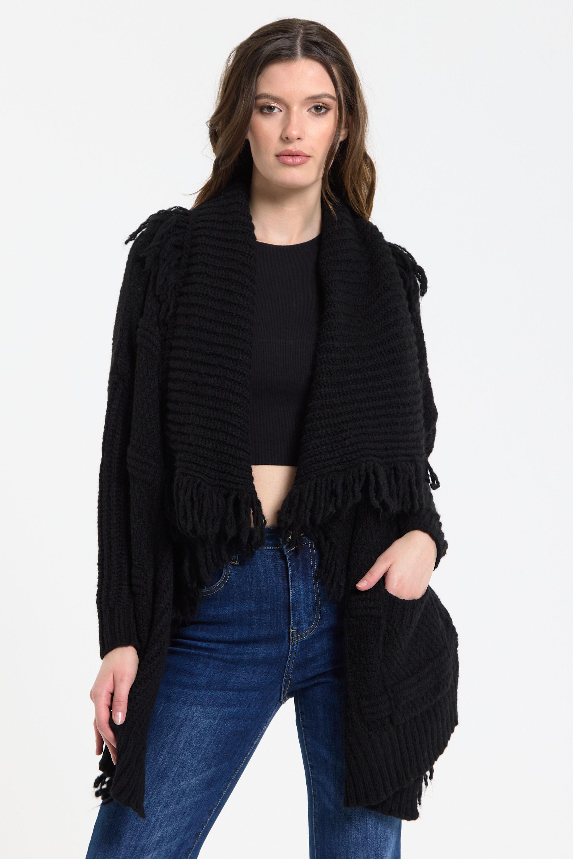 Black Fringe Knit Cardigan by LIQUORISH