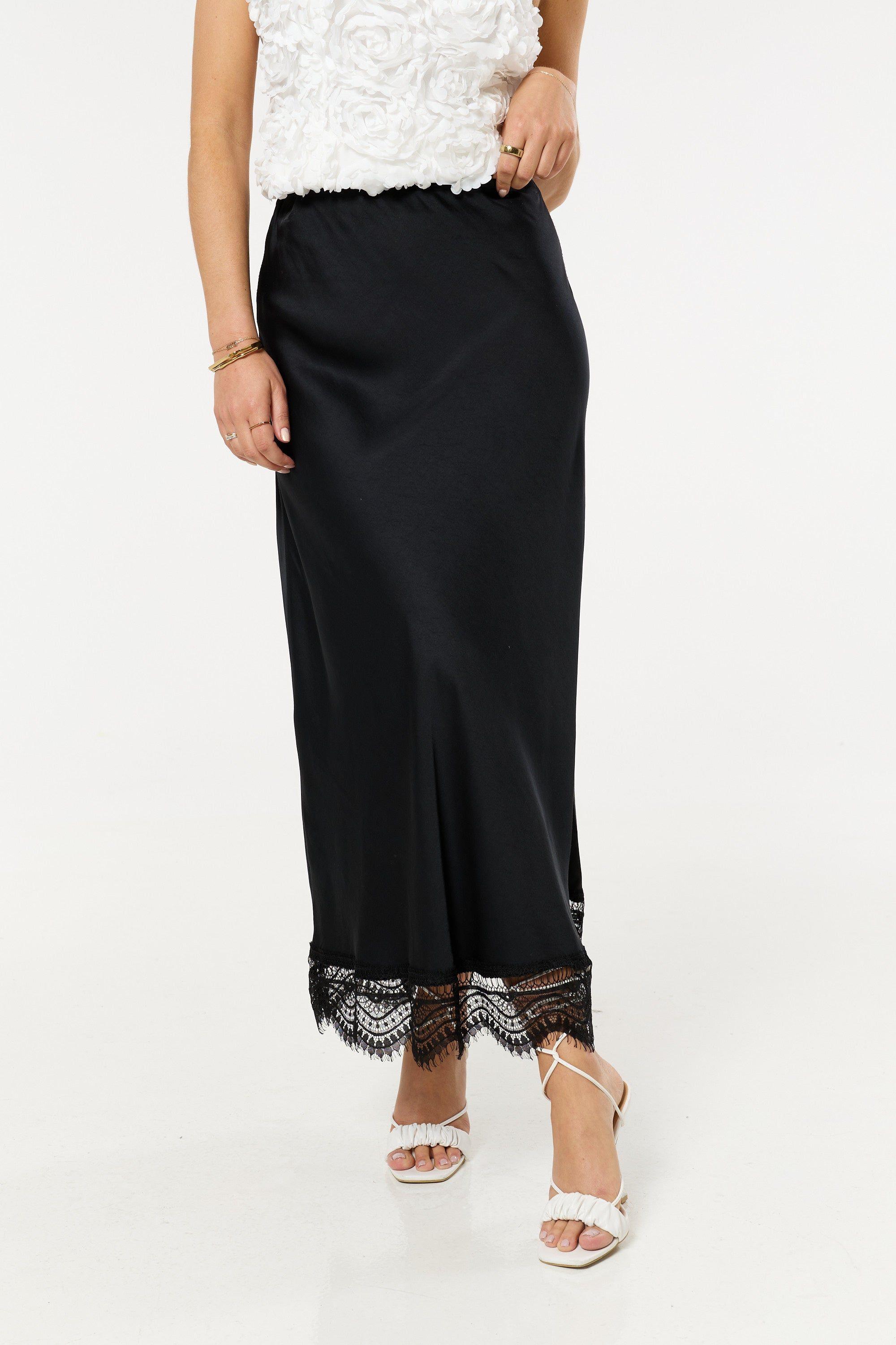 Black Lace Trim Satin Maxi Skirt by LIQUORISH