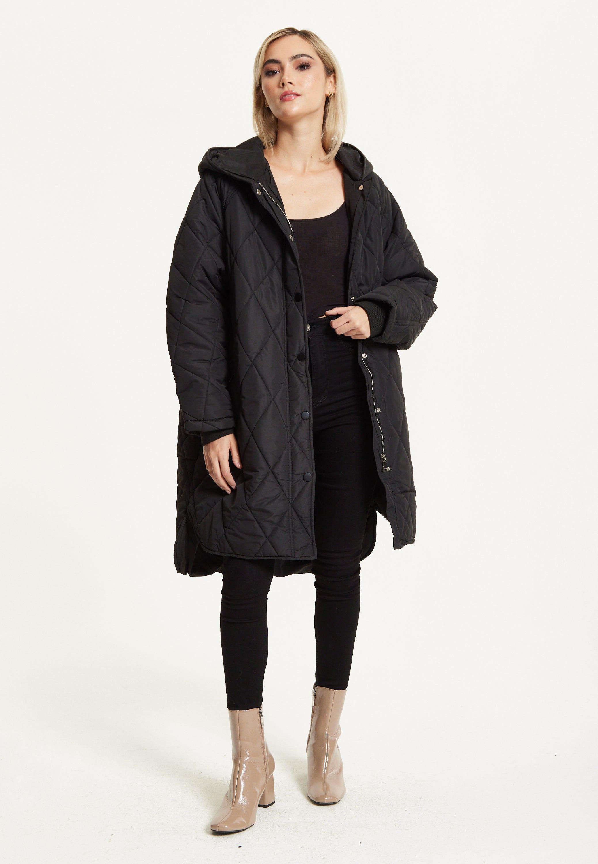 Black Quilted Oversized Hooded Coat by LIQUORISH