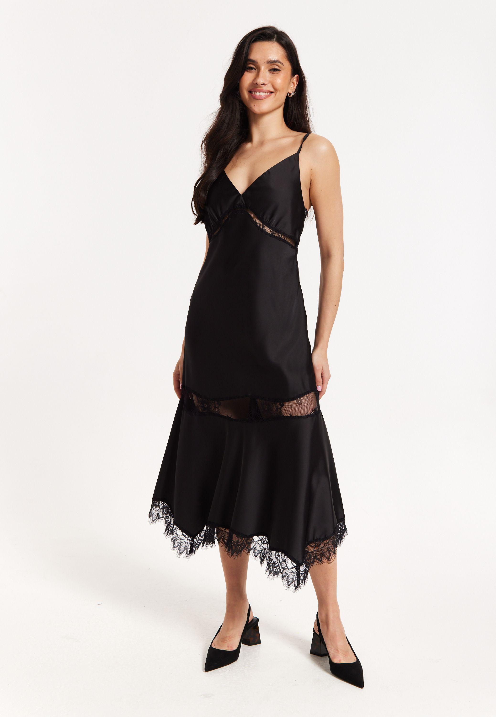 Black Satin Lace Midi Slip Dress by LIQUORISH