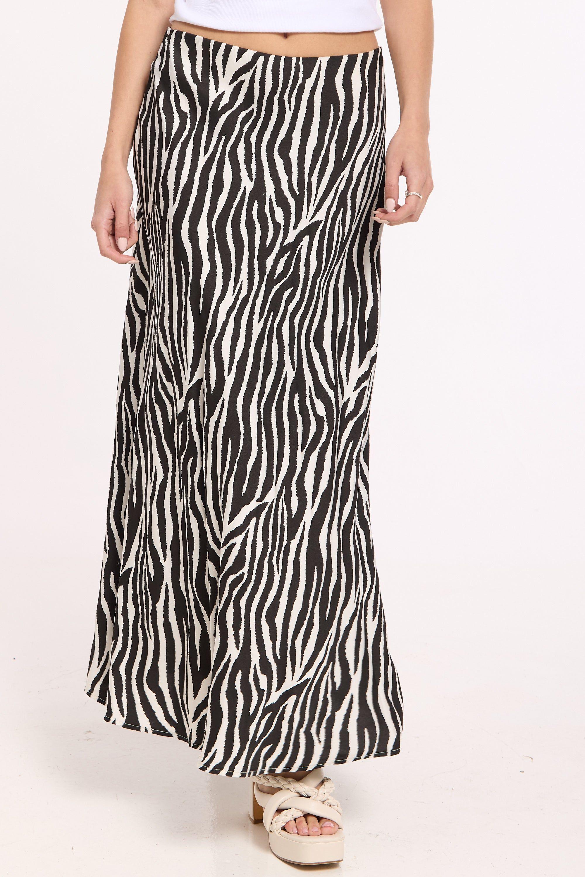 Black Zebra Print Satin Maxi Skirt by LIQUORISH