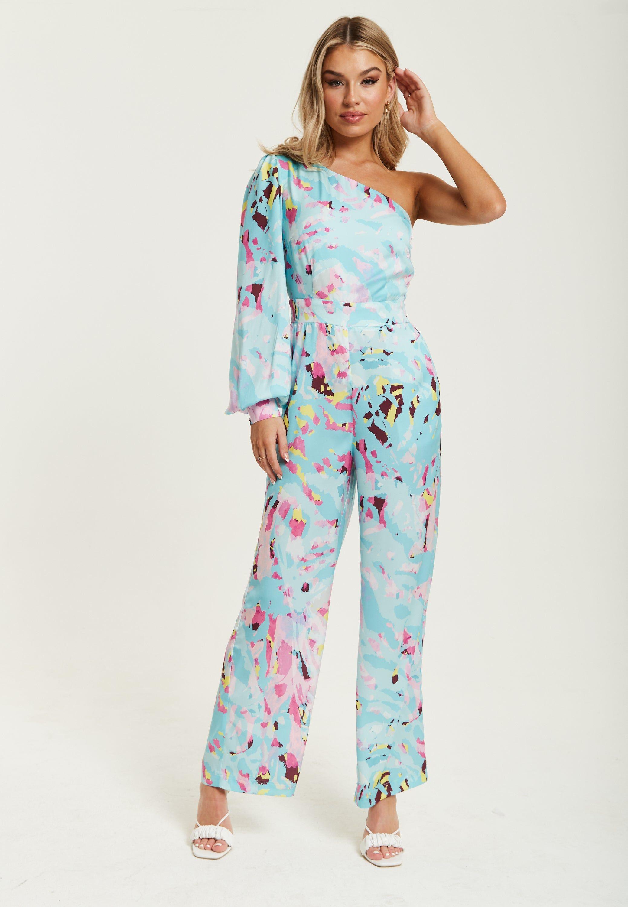 Blue Abstract Print One Shoulder Jumpsuit by LIQUORISH