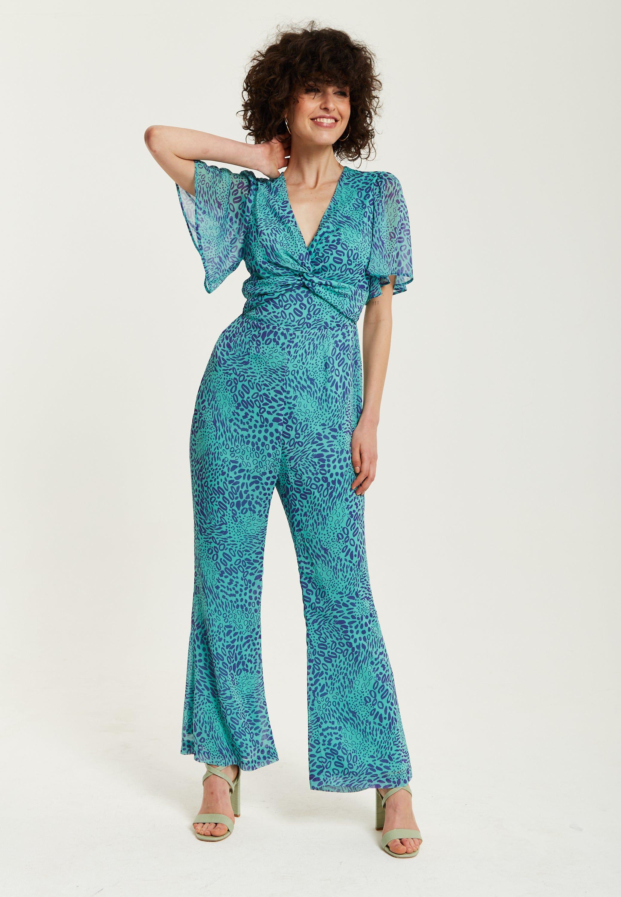 Blue Animal Print Knot Front Jumpsuit by LIQUORISH