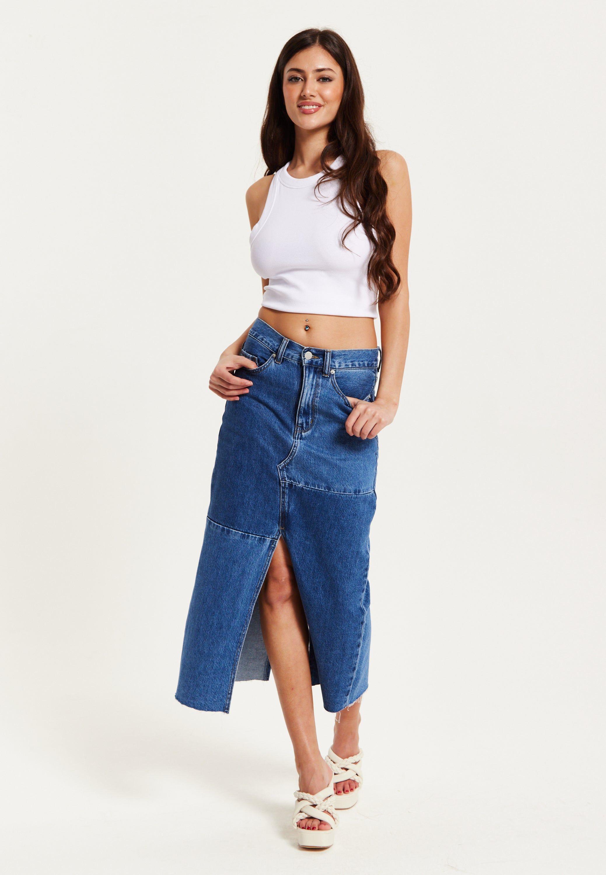 Blue Denim Midi Skirt by LIQUORISH