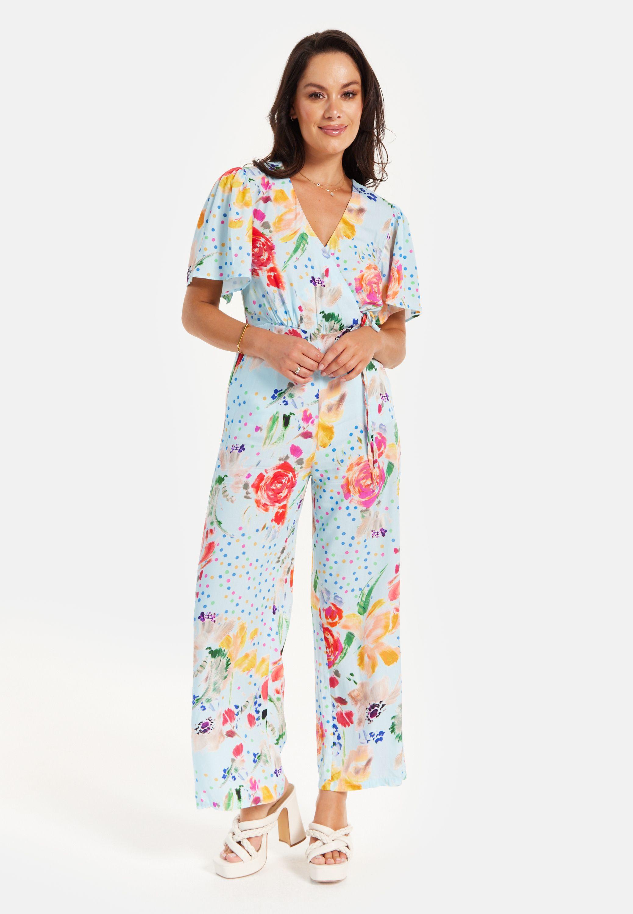 Blue Floral Print Jumpsuit With Wide Legs by LIQUORISH