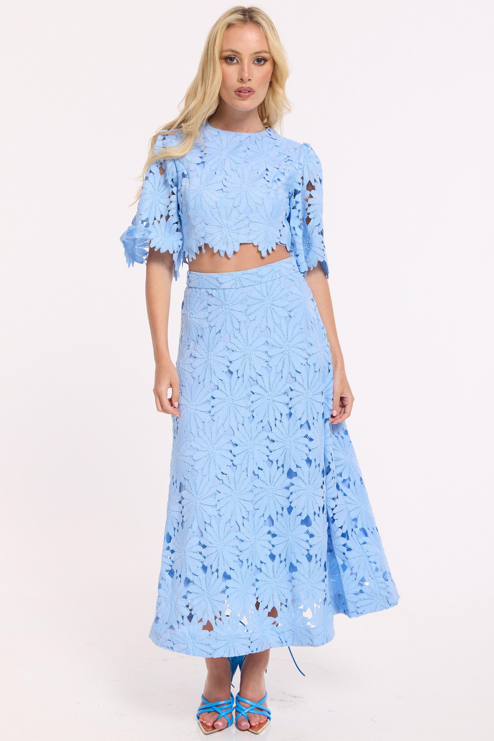 Blue Lace Crop Top And Midi Skirt Set by LIQUORISH