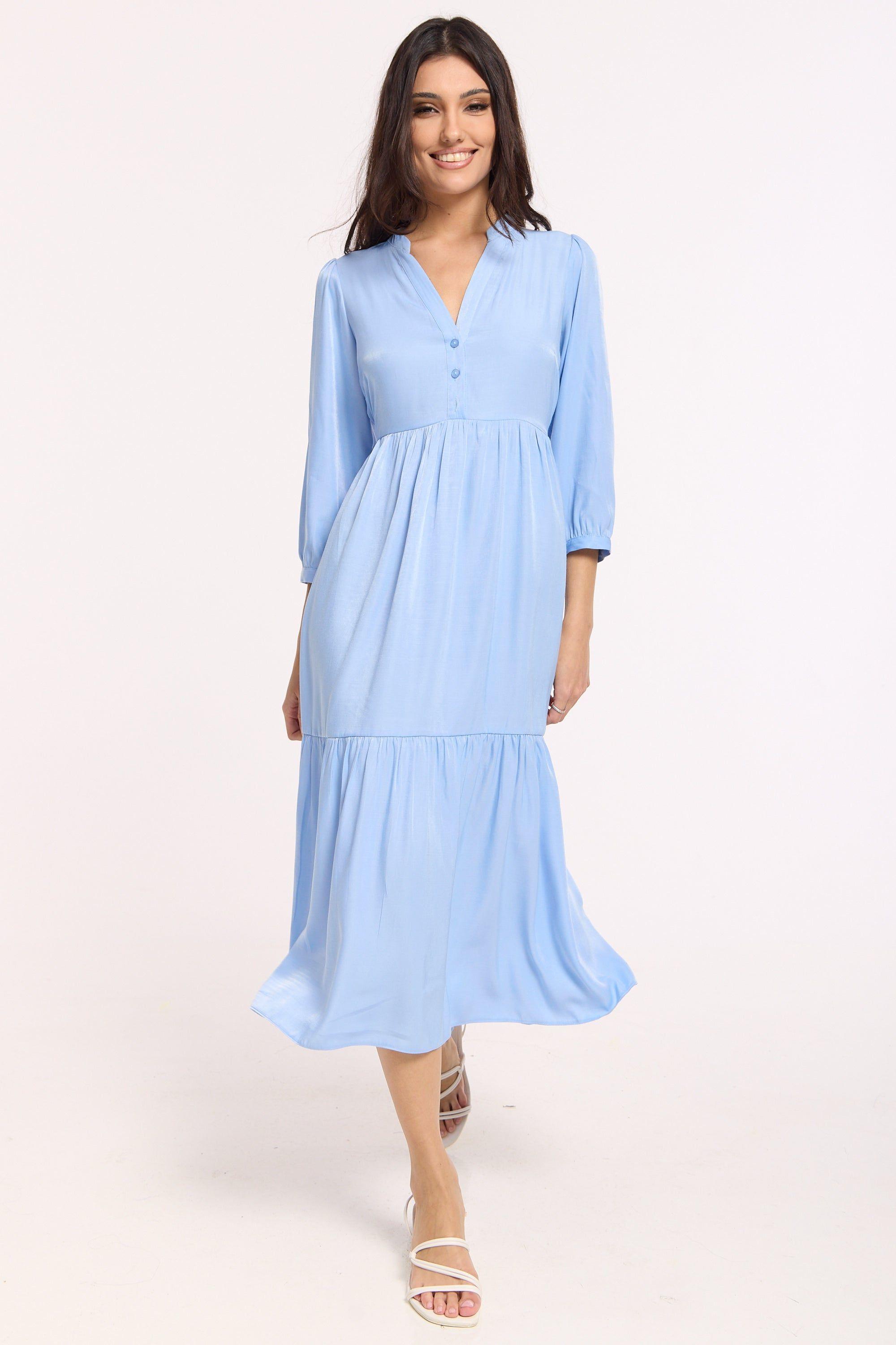 Blue Tiered Midi Smock Dress by LIQUORISH