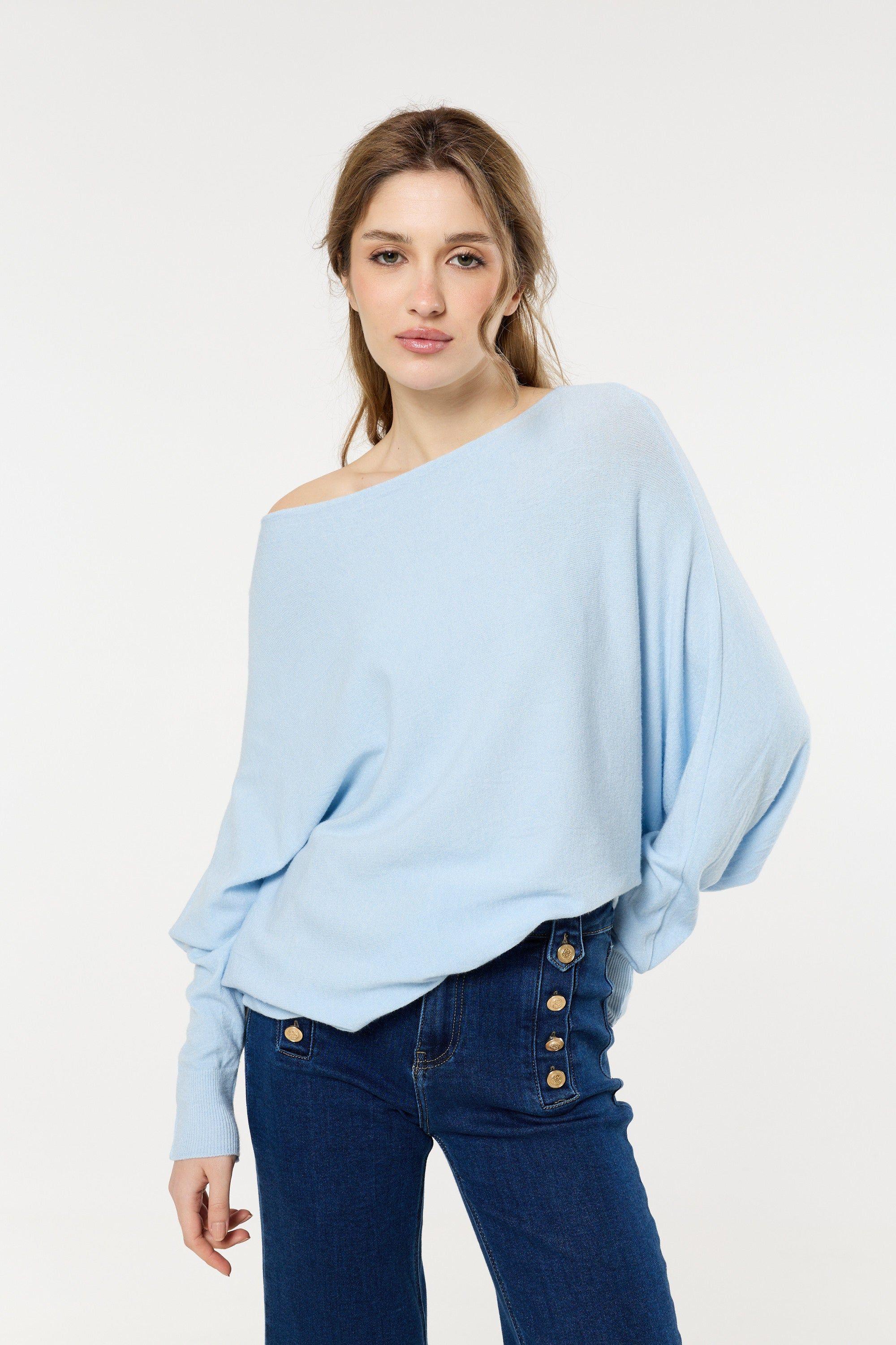 Blue Wool Blend Off Shoulder Batwing Knit Jumper by LIQUORISH