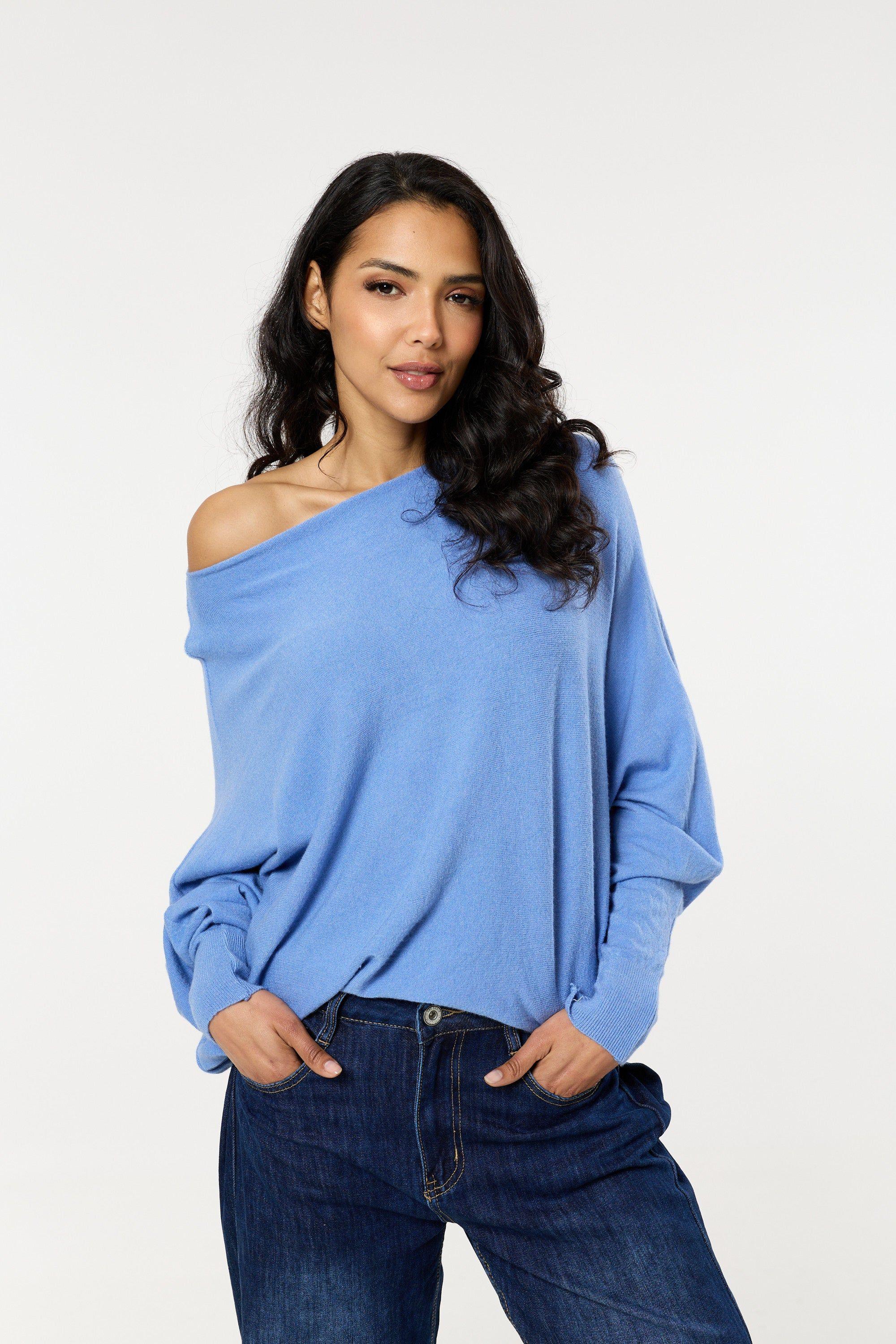 Blue Wool Blend Off Shoulder Batwing Knit Jumper by LIQUORISH