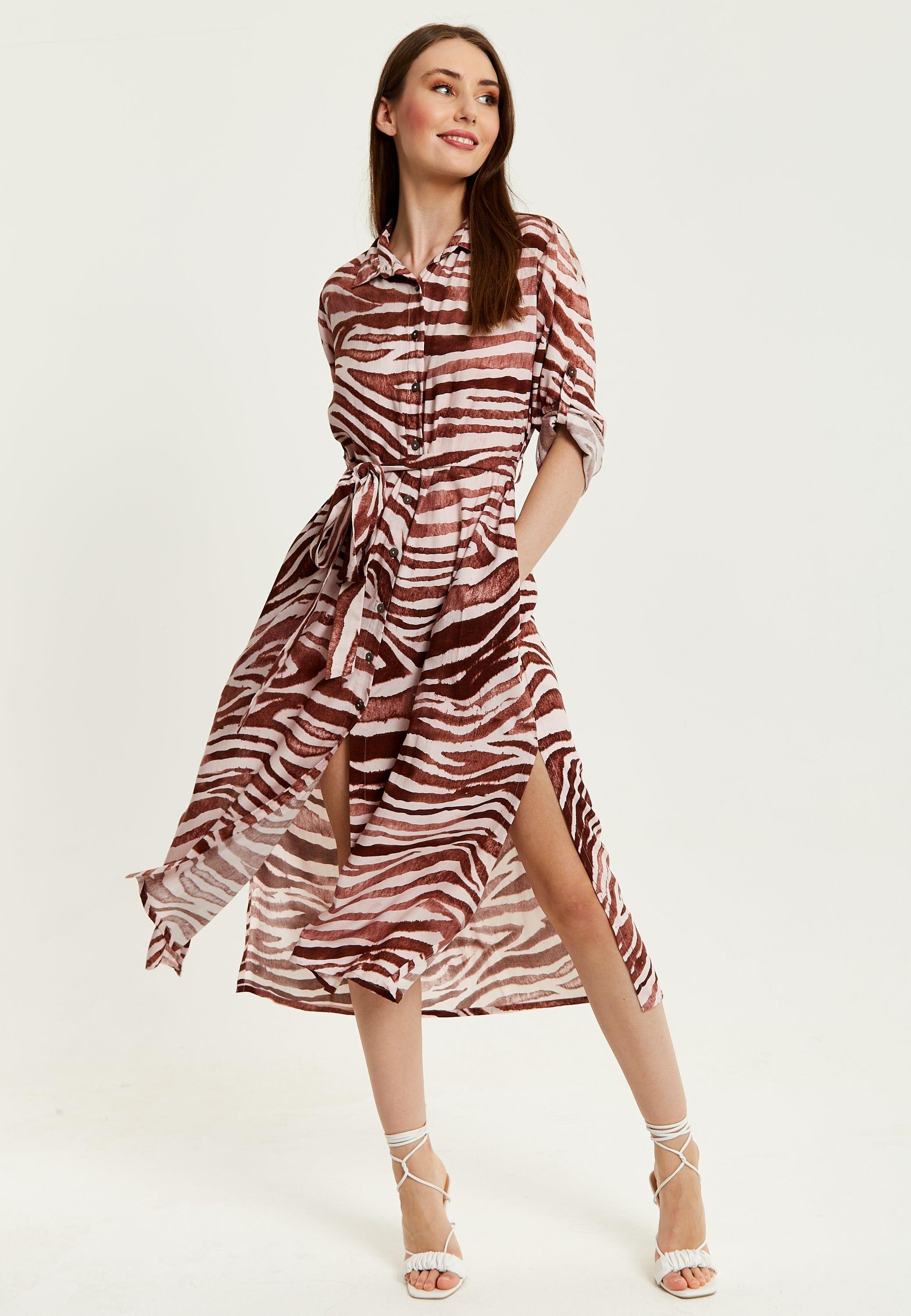 Brown Zebra Print Midi Shirt Dress by LIQUORISH