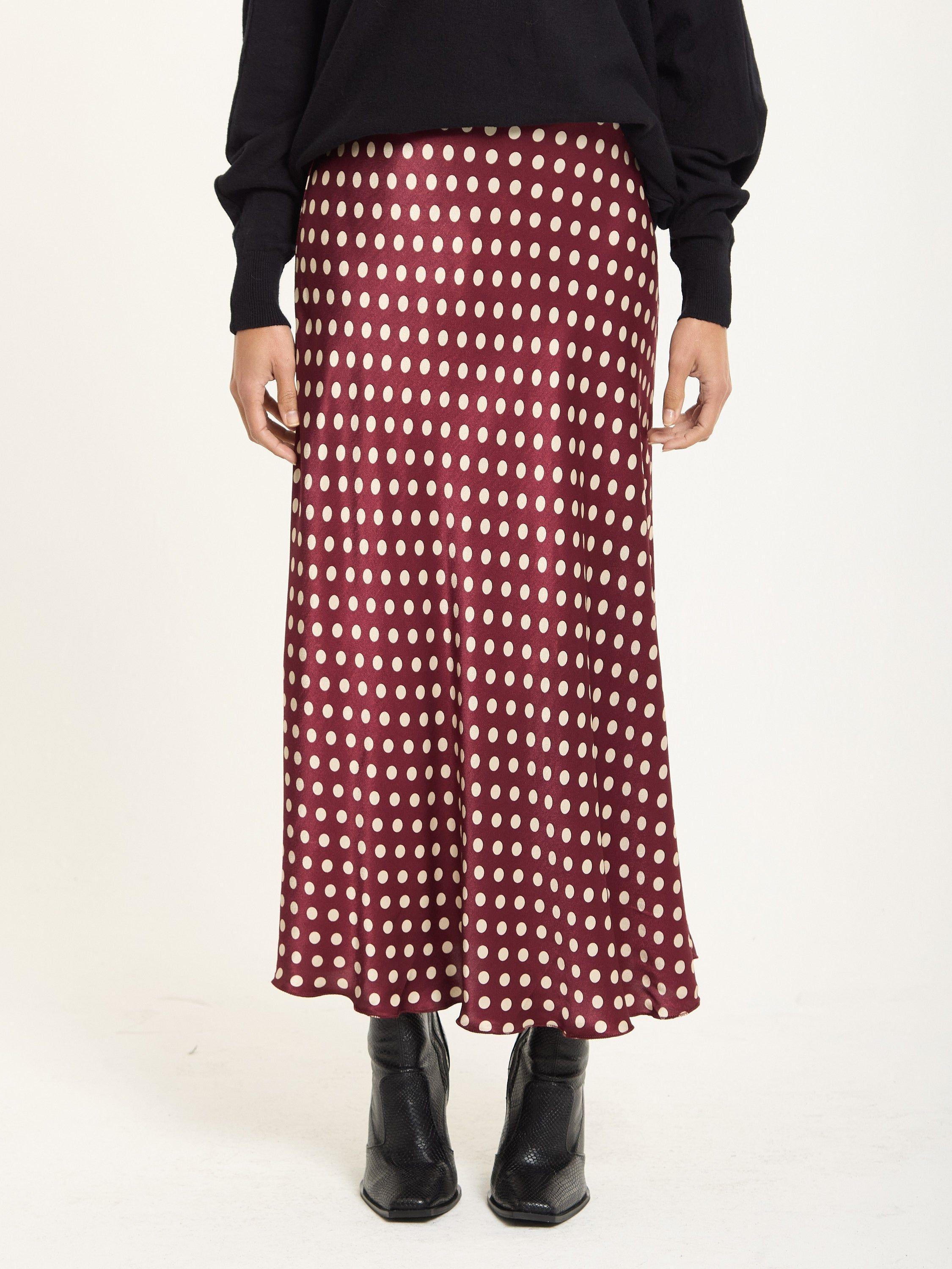 Burgundy Polka Dot Satin Midi Skirt by LIQUORISH