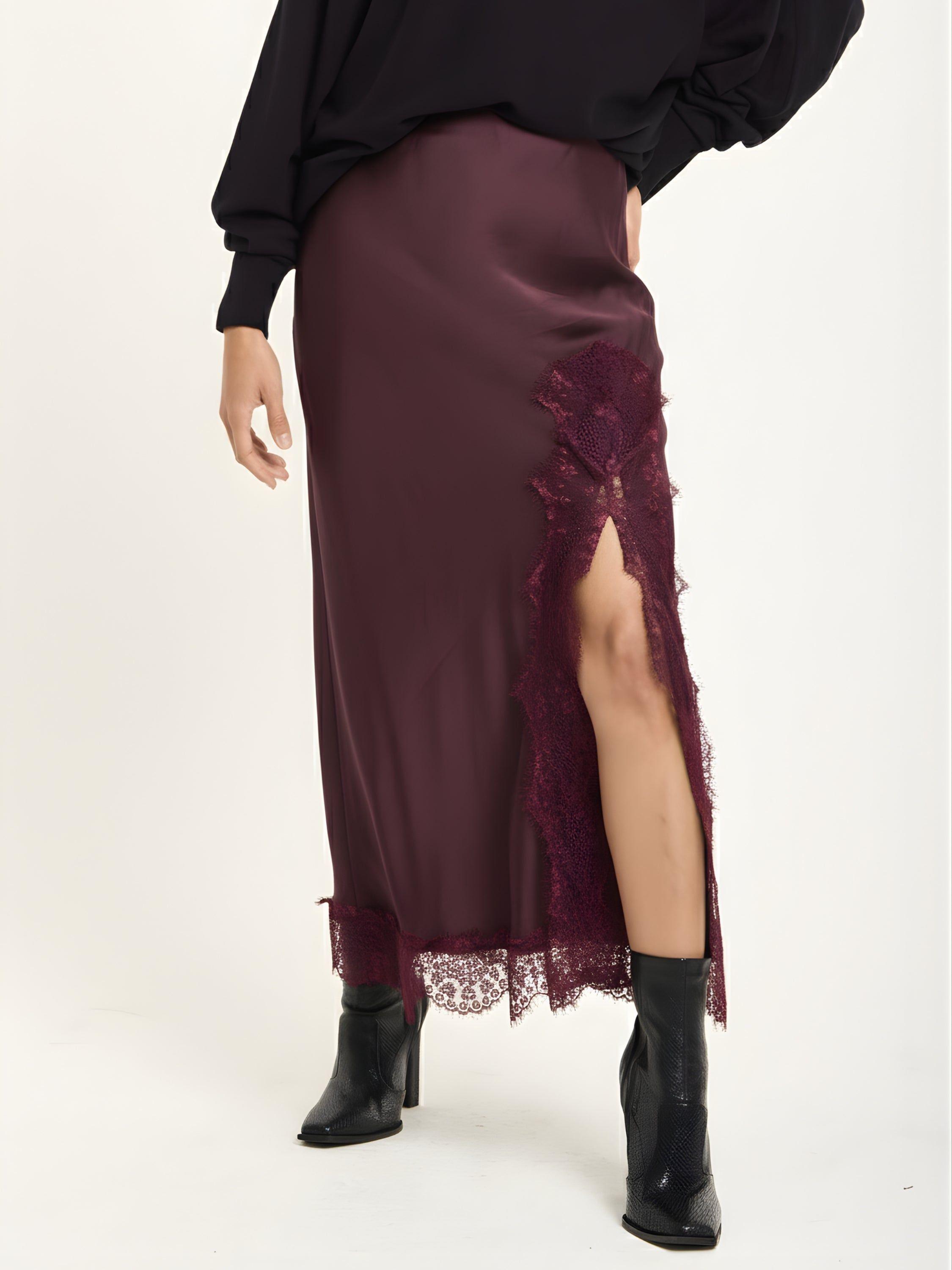 Burgundy Satin Midi Skirt with Lace Trim by LIQUORISH