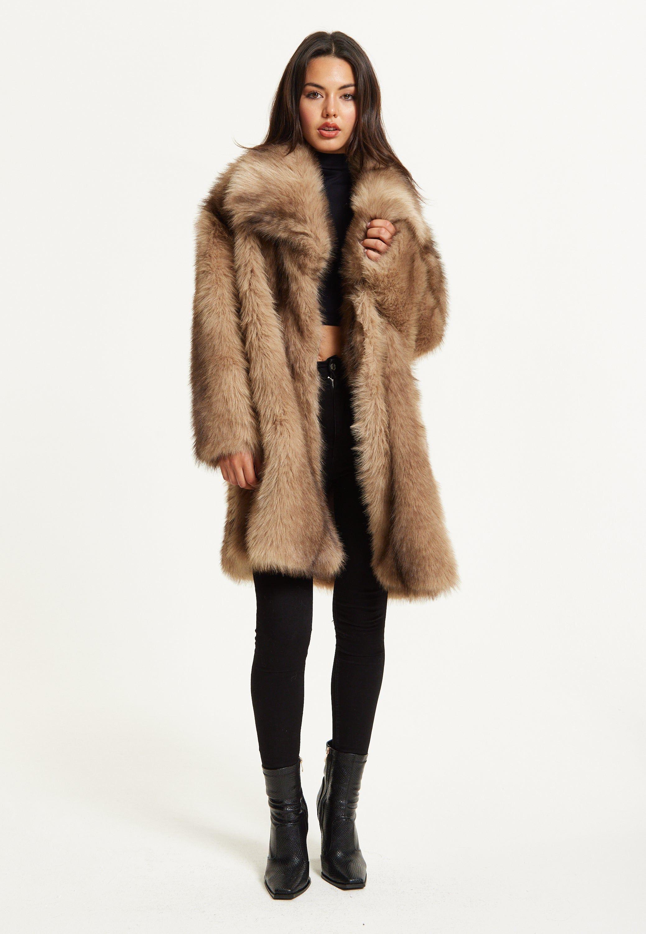 Camel Faux Fur Midi Coat by LIQUORISH