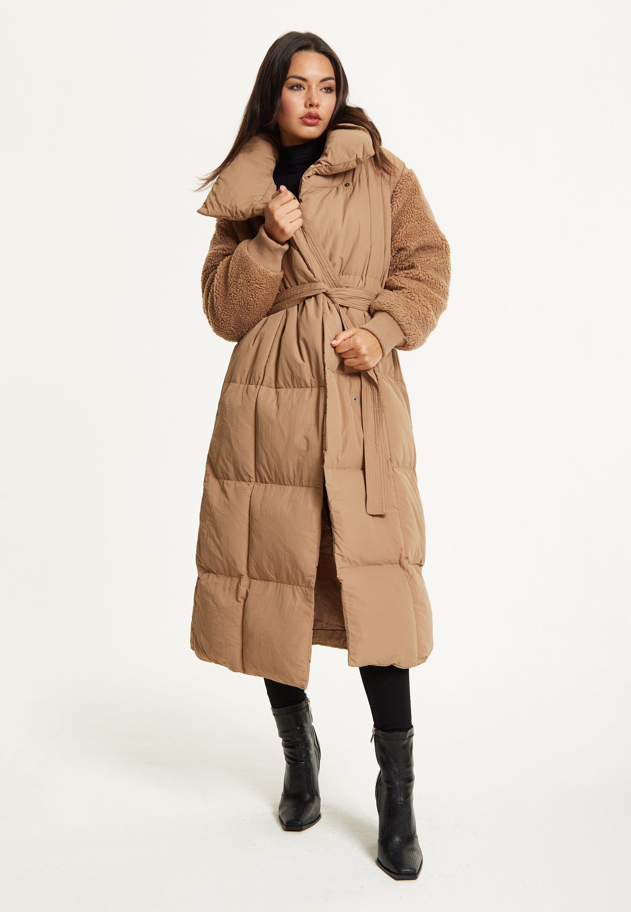 Camel Longline Belted Puffer Coat by LIQUORISH