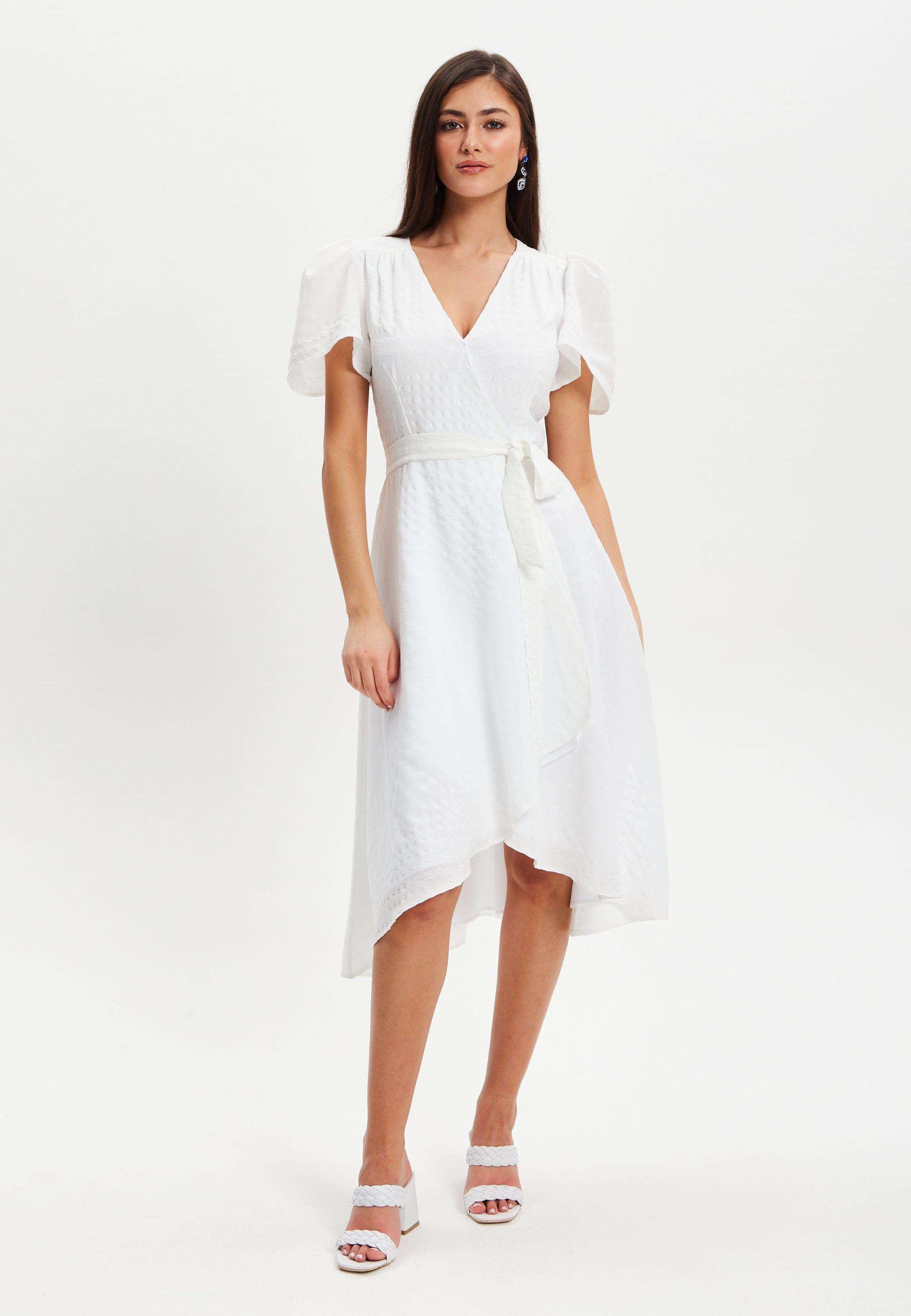 Checkered White Angel Sleeve Wrap Dress In White by LIQUORISH